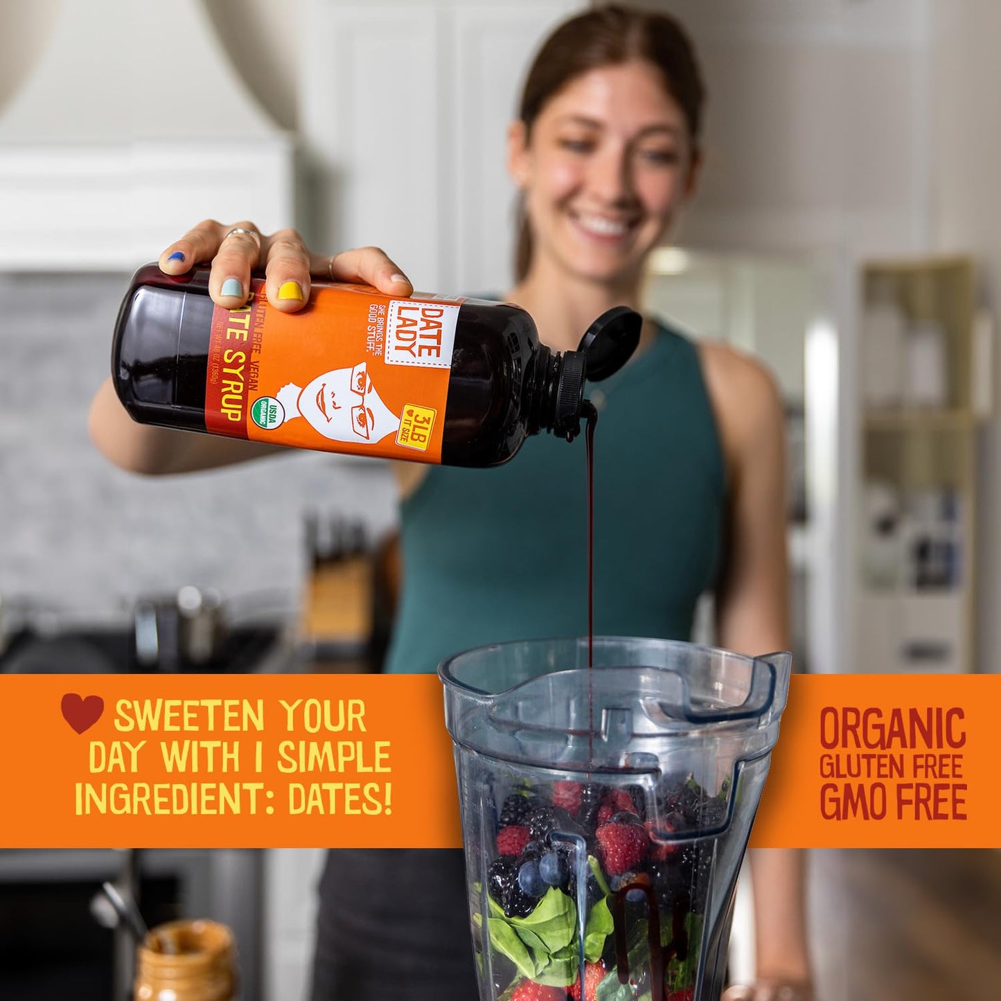 Date Lady Organic Date Syrup, 12 oz Squeeze Bottle, Vegan, Gluten-free, Kosher, Sugar Substitute, Model DSSQ008