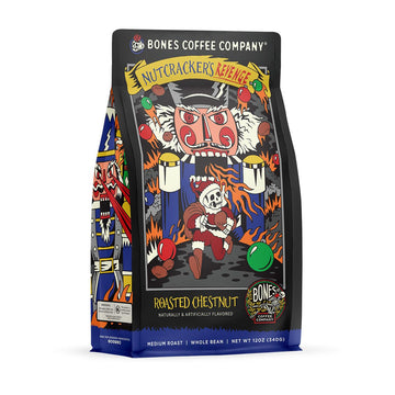 Bones Coffee Company Nutcracker's Revenge Flavored Coffee Beans, Whole Bean Coffee Medium Roast Low Acid, Roasted Chestnut Flavo