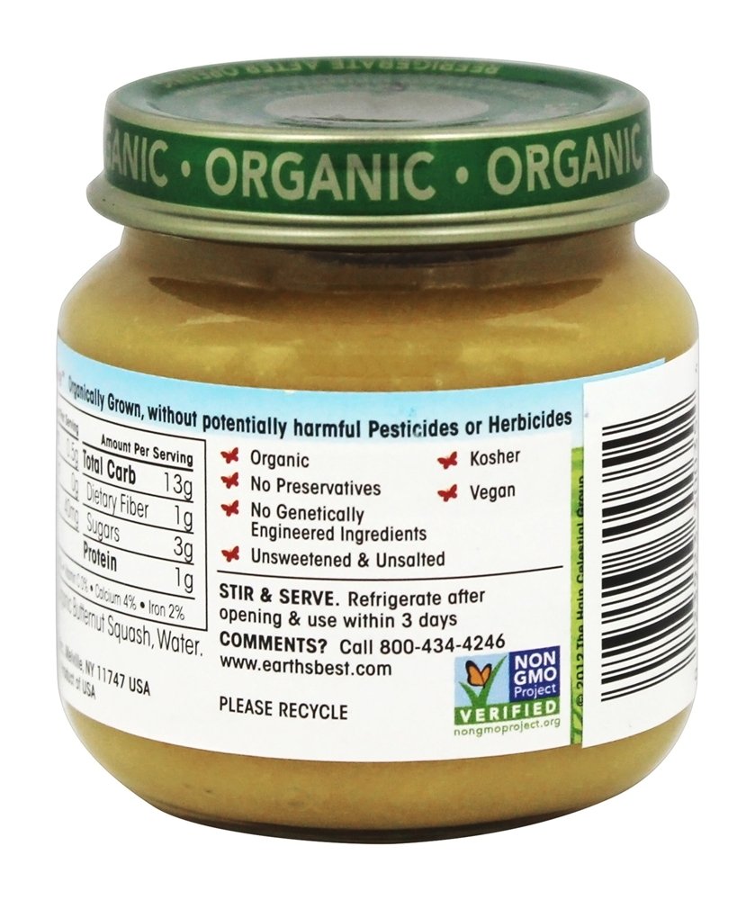 Earth'S Best Organic Baby Food Jars, Stage 2 Vegetable Puree For Babies 6 Months And Older, Organic Corn And Butternut Squash, 4