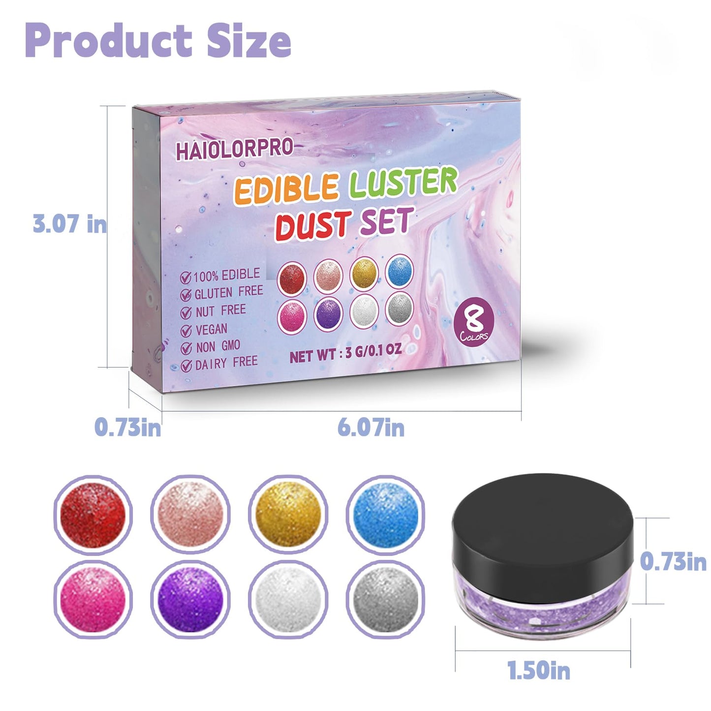 HAIOLORPRO Edible Glitter for Cakes & Drinks, 8 Colors Luster Dust, 3g/Bottle
