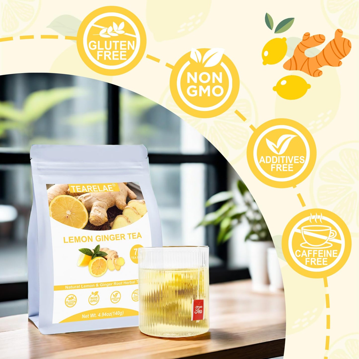 TEARELAE Lemon Ginger Tea Bags - Herbal Tea with Ginger Root & Lemongrass - 70 Count - Caffeine-free, Non-GMO