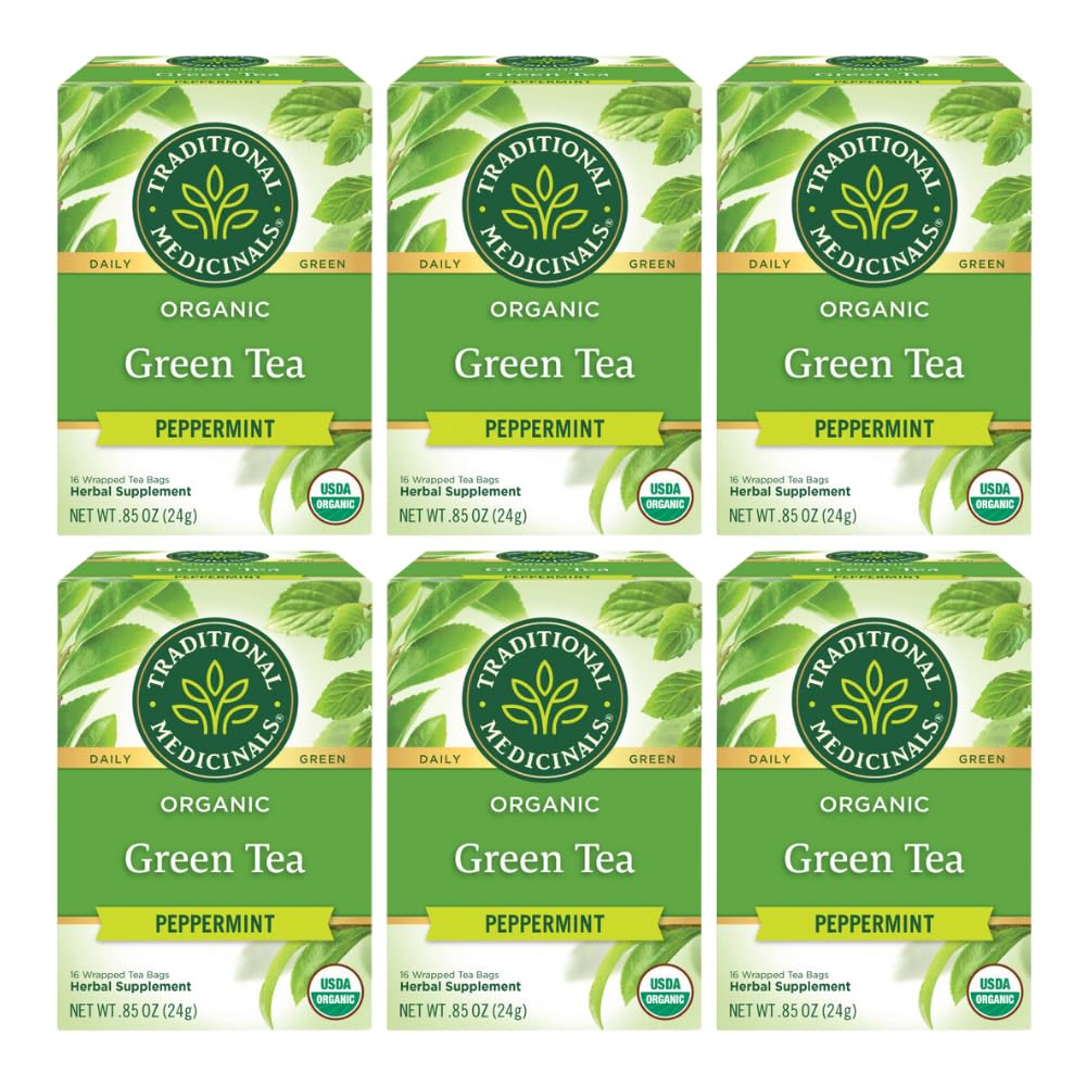 Traditional Medicinals Organic Green Tea Peppermint Herbal Tea, 48 Tea Bags, Model TMT239, Pack of 6