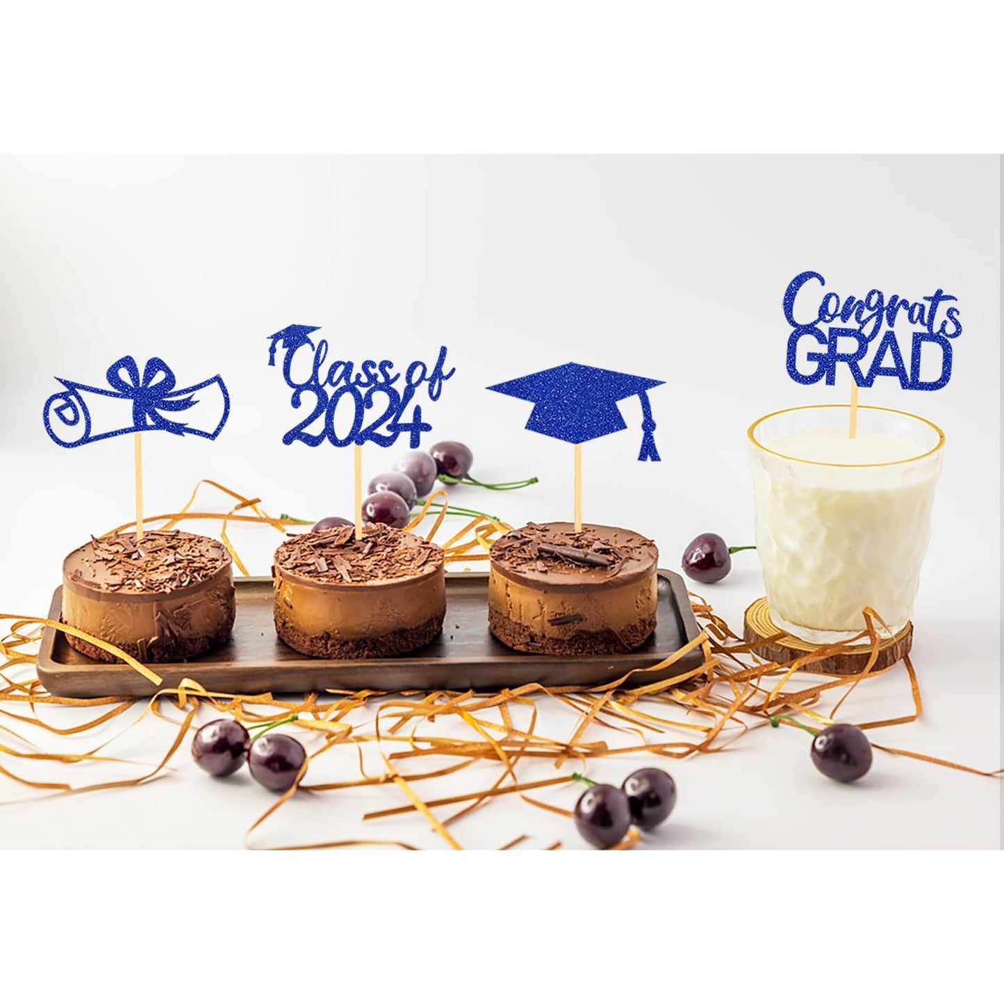 Moitkptt 2024 Graduation Topper, Set Of 24 (Blue) - Includes 4 Styles: Grad Cap, Diploma, 'Class Of 2024', 'Congrats'