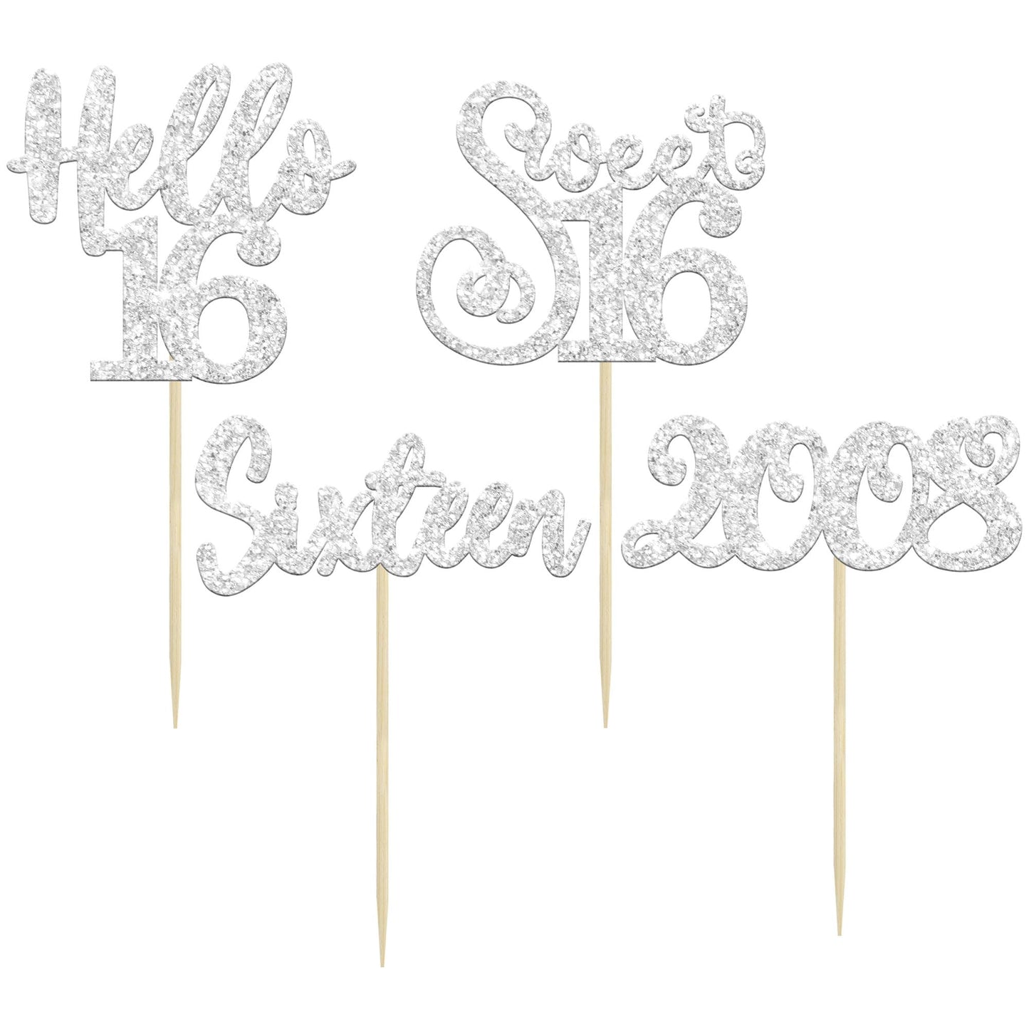 Gyufise 24Pcs 16Th Birthday Cupcake Toppers Silver Glitter Hello 16 Sweet 16 Cupcake Picks 2008 16Th Birthday Cake Decorations F