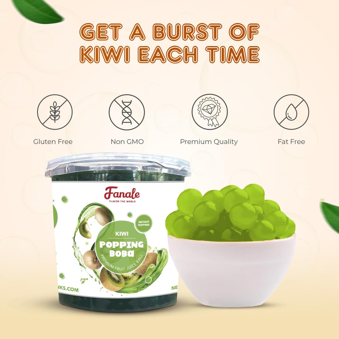 Fanale Kiwi Popping Boba Pearls, Vegan, Non Gmo, Gluten Free, Fat Free, Perfect For Bubble Tea, Smoothies, Ice Cream, Desserts,