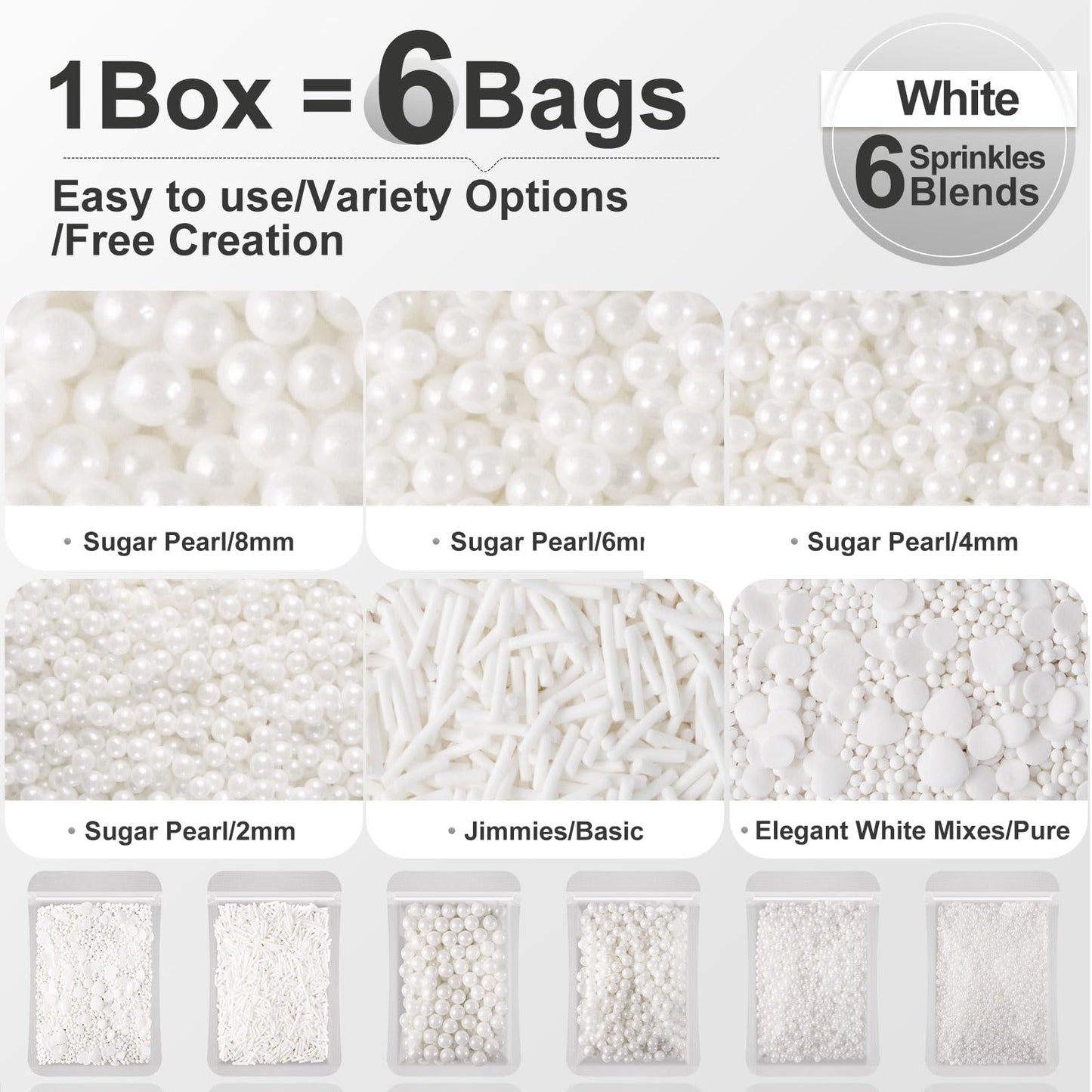 HUEBEATY 6-in-1 White Edible Cake Pearls Sprinkles for Cake Decorating, Cupcakes, Cookies & Ice cream | 180g/6.36oz | White Nonp
