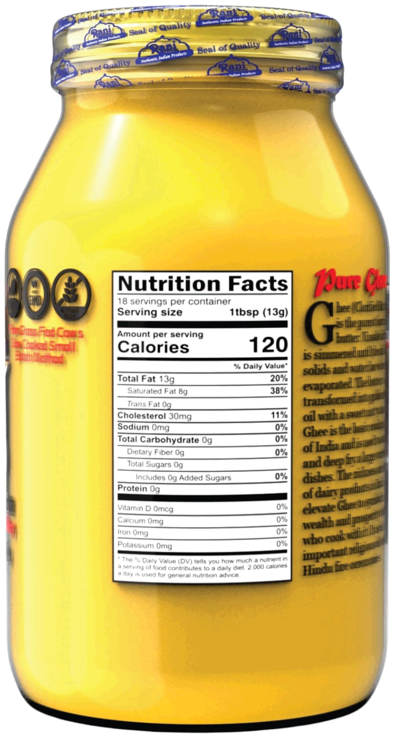 Rani Ghee Pure & Natural from Grass Fed Cows (Clarified Butter) 32oz(2lbs) 908g ~ Glass Jar | Paleo Friendly | Keto Friendly | G