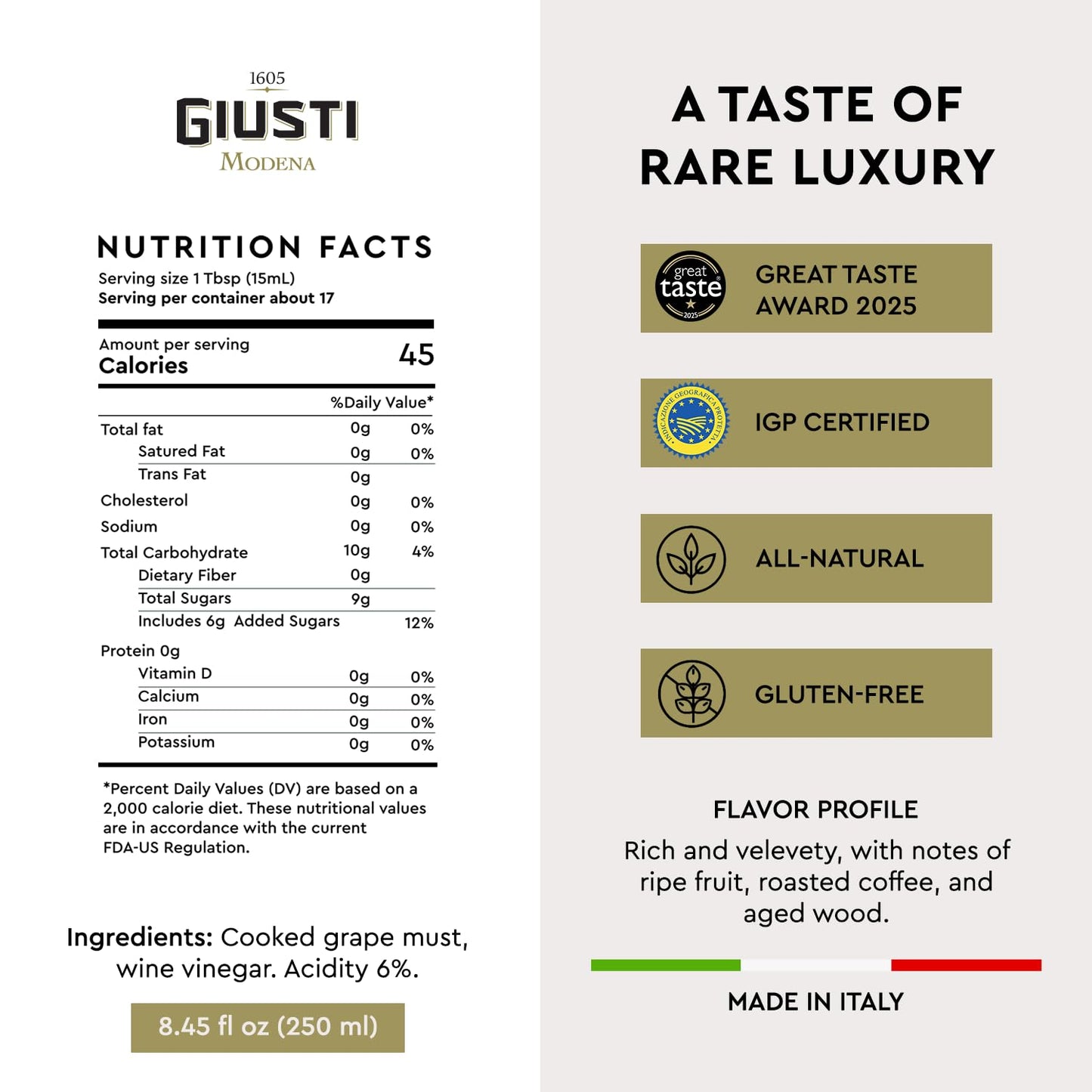 Giusti Balsamic Vinegar Of Modena Igp – Extra Thick & Rich Aceto Balsamico Di Modena, Matured In Traditional Aging Casks - 4 Gold Medals, Made In Italy, In Gift Box - 8.45 Fl Oz (250 Ml) -Pack Of 1