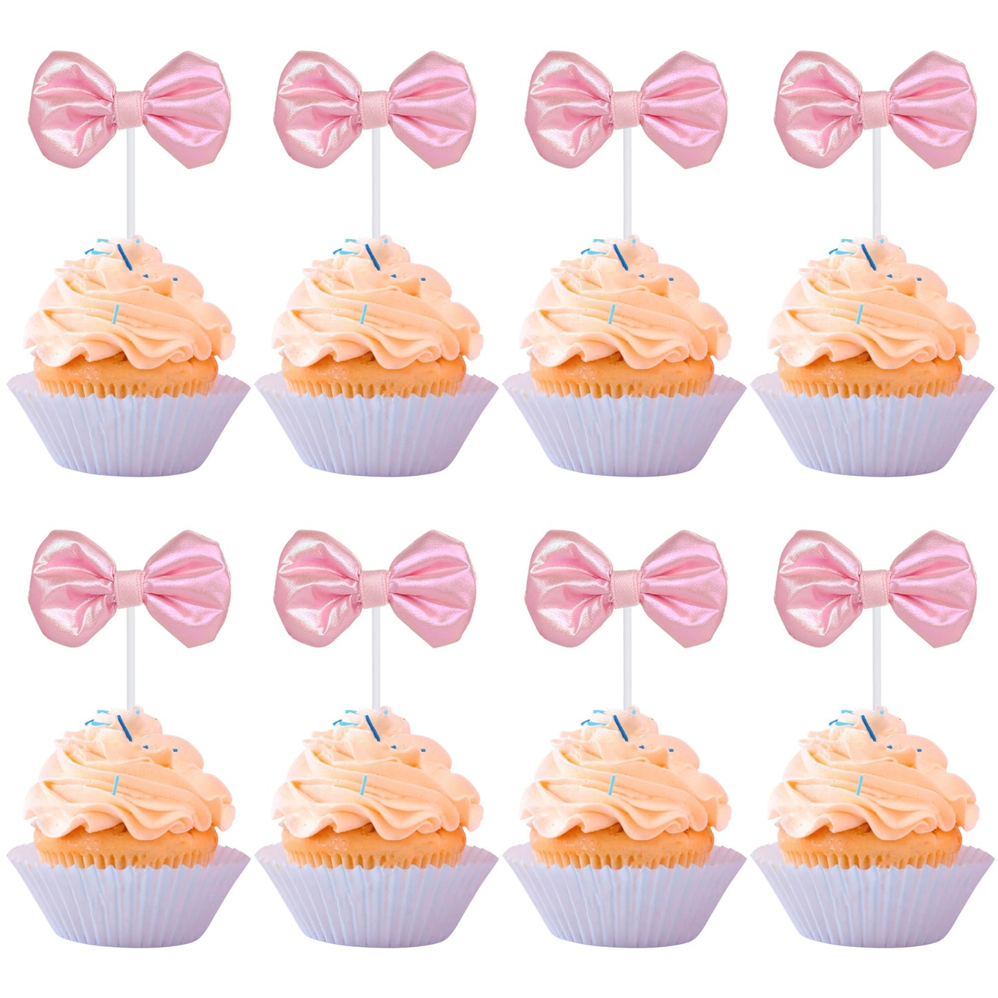 YCTHUNFISH 12 Pack Pink Bow Cupcake Toppers Paper Decorations for Wedding, Bridal Shower, Birthday Party