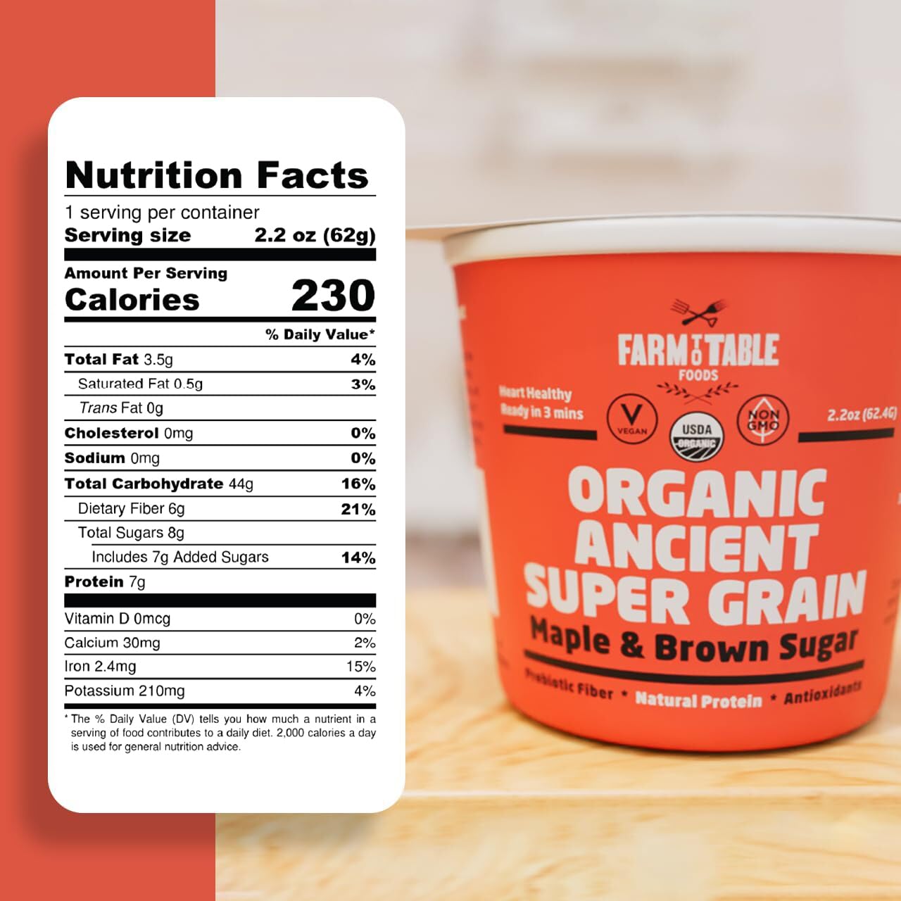 Farm To Table Foods Organic Ancient Super Grain Oatmeal Individual Serving Cups, Maple And Brown Sugar - High Protein, Non-Gmo,