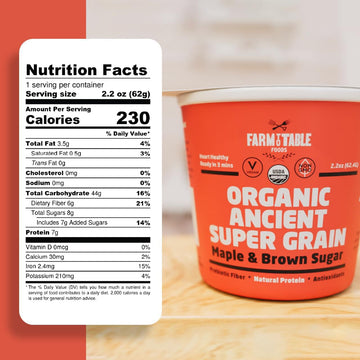 Farm To Table Foods Organic Ancient Super Grain Oatmeal Individual Serving Cups, Maple And Brown Sugar - High Protein, Non-Gmo,