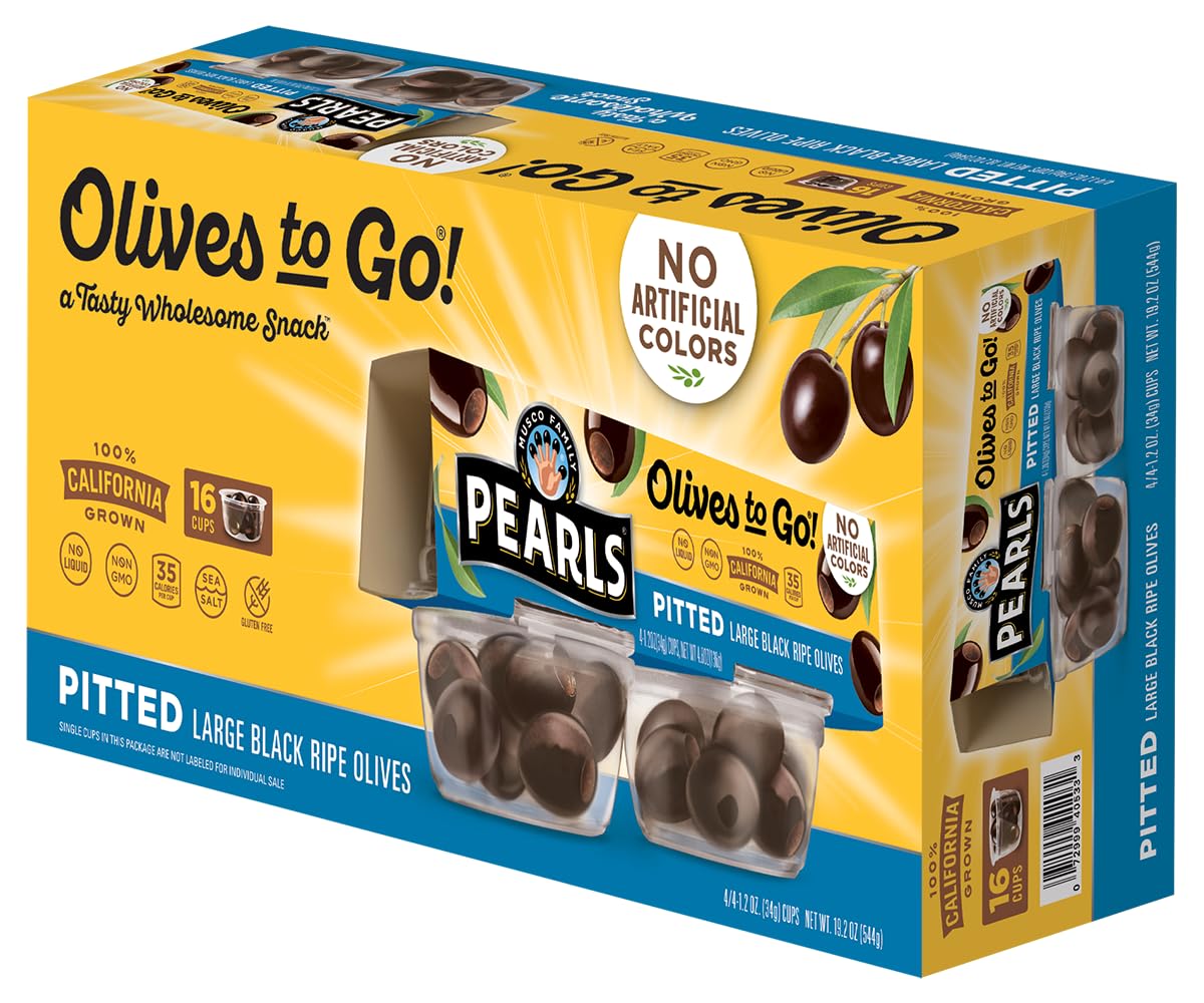 PEARLS Olives To Go! Large Ripe Pitted Olives, 1.2 oz Cups, Pack of 16, Model SPPPOA039023