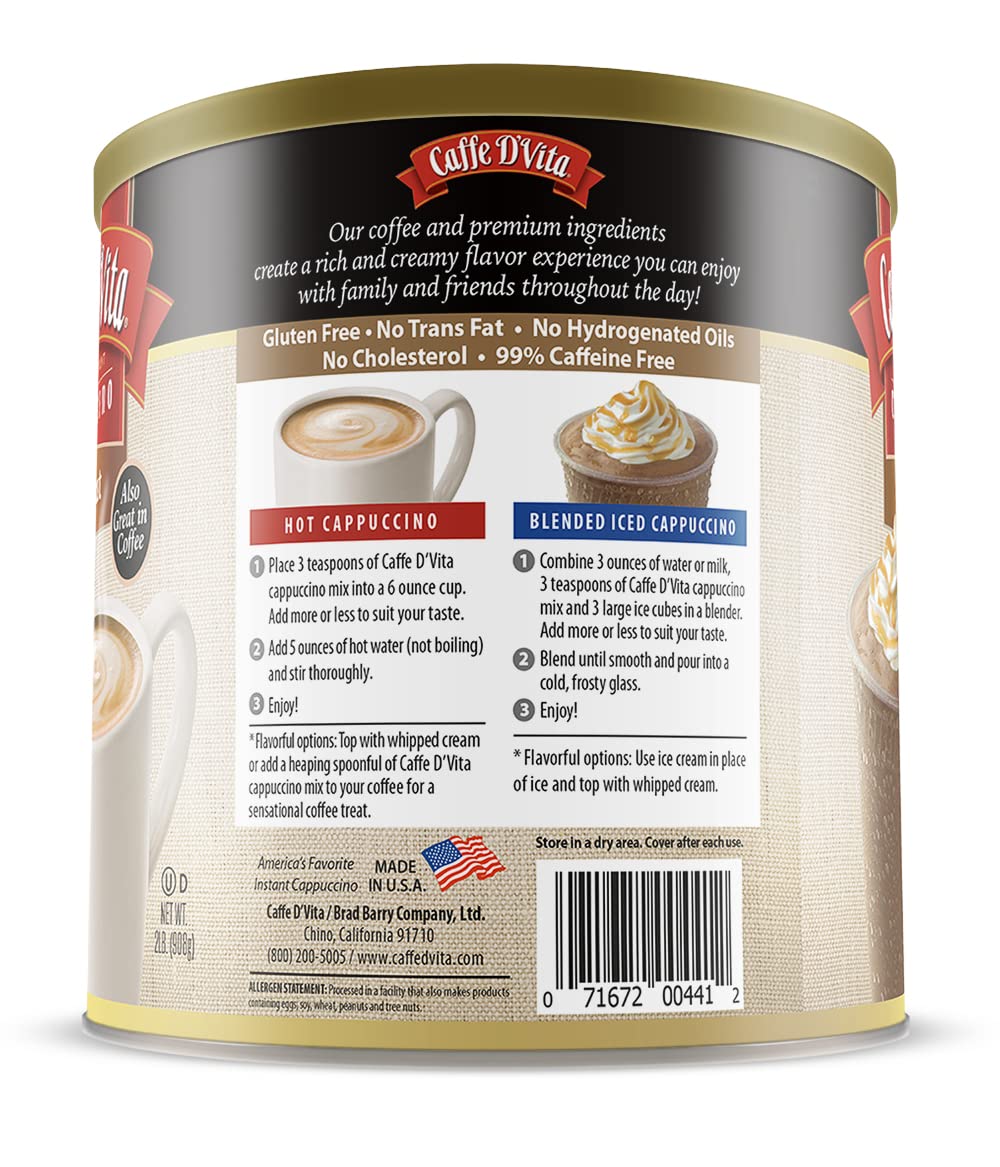 Caffe Dvita Hazelnut Cappuccino Mix - Instant Coffee Powder Mix, Gluten Free, No Cholesterol, No Hydrogenated Oils, No Trans Fat, 99% Caffeine Free - 2 Lb Can