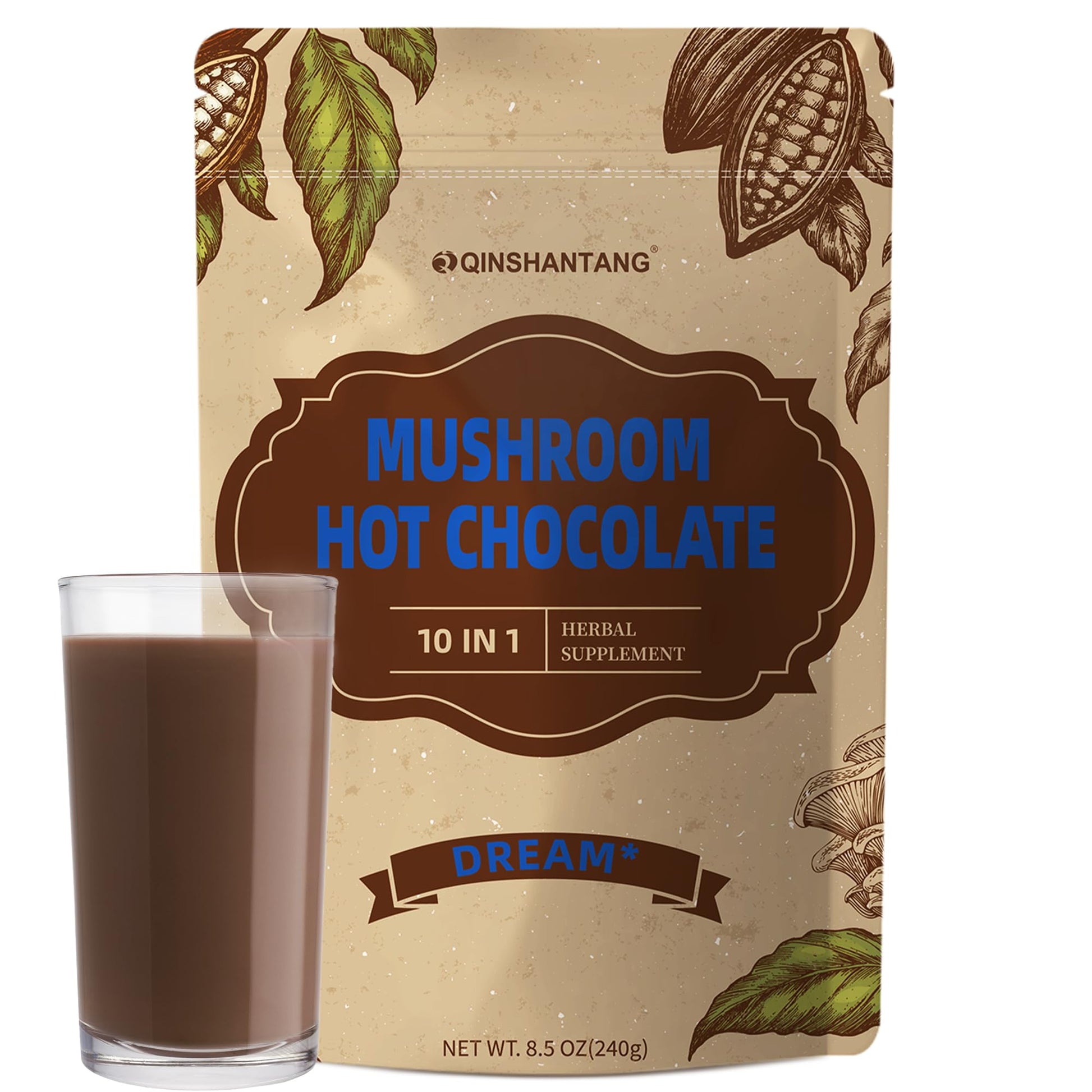 Mushroom Hot Chocolate  10 Mushroom Blend With L-Theanine  Gaba  Magnesium Glycinate  Mct  Vegan  Keto-Friendly  Gluten-Free | Cacao Powder | 8.5 Oz