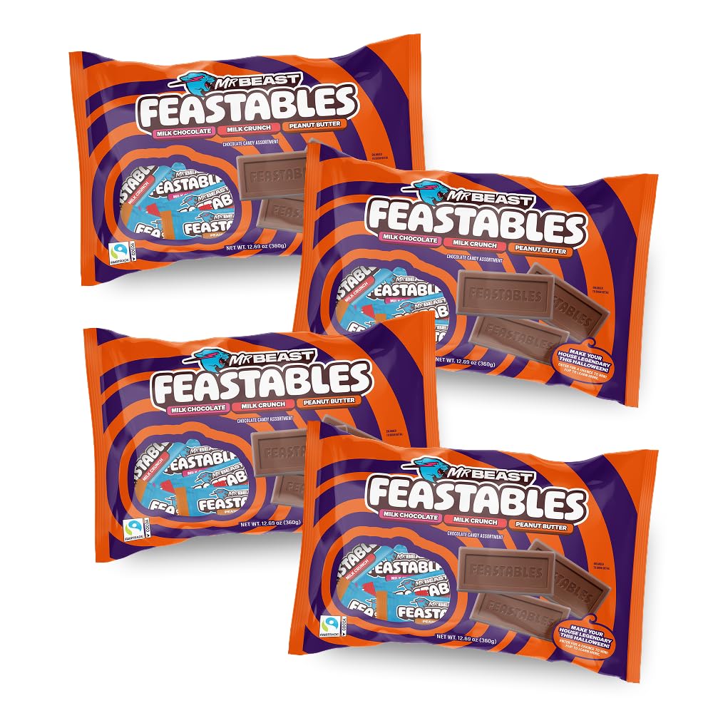 Feastables Mrbeast Halloween Candy Variety Pack With Milk Chocolate  Peanut Butter  & Milk Crunch Mini Bars  Trick or Treat Chocolate Bar Snacks or Party Favors  Fairtrade Cocoa  12.69 Oz Bags  4 Pack