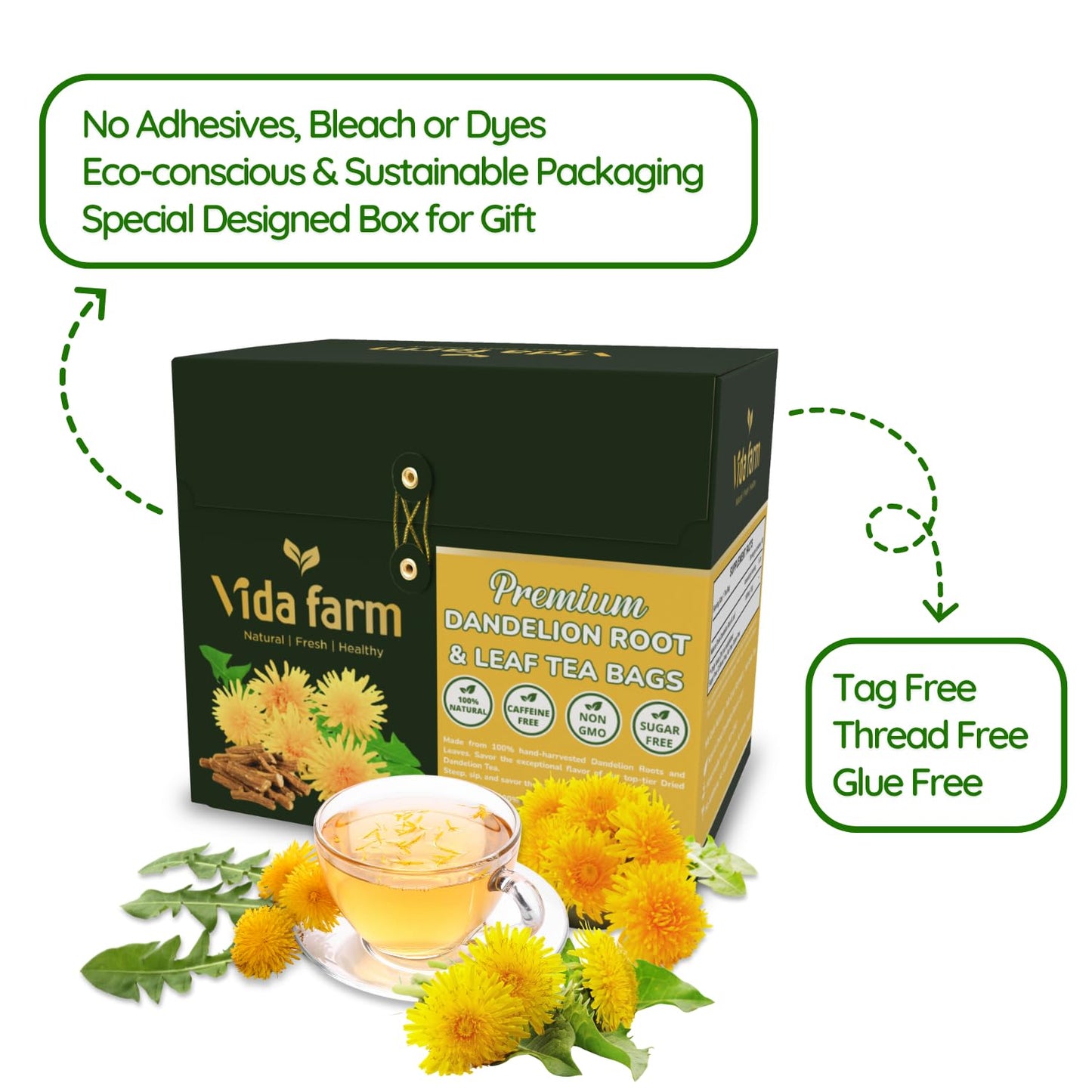 VIDA FARM Dandelion Tea Bags - 100% Natural Herbal Tea, Sugar Free, Caffeine Free - 100 Count