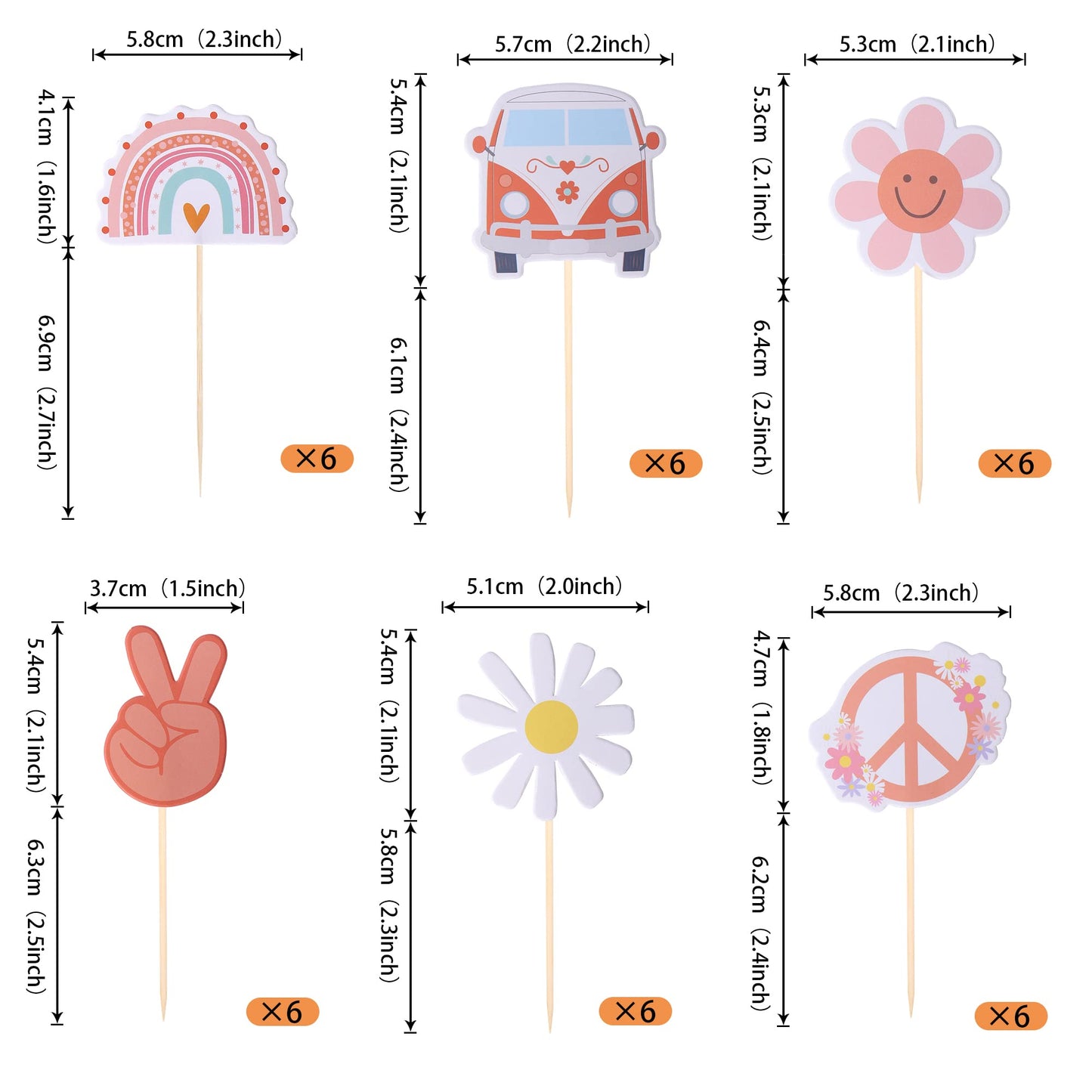 YCTHUNFISH 36 Pack Hippie Party Cupcake Toppers Rainbow Peace Sign Small Boho Birthday Decorations