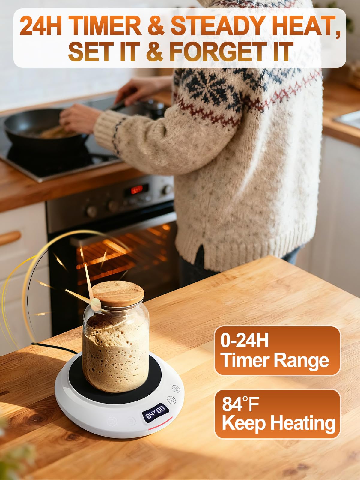 Sourdough Starter Warmer Kit - Precise 1F Temperature (70~120F Range) & 0~24H Timer Control Dough Heating Mat with 2 Thermometer
