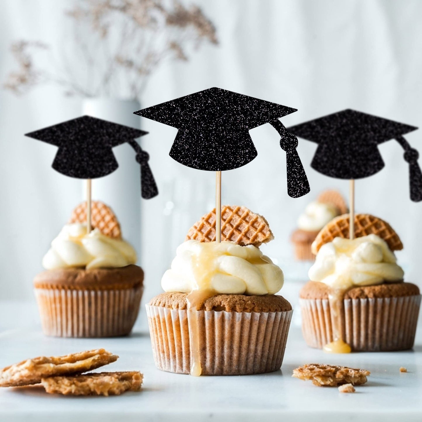 Leetaivie 24Pcs Graduation Cupcake Topper - Black Glitter Graduation Cap Graduation Diploma Cupcake Topper- Class Of 2025 Gradua