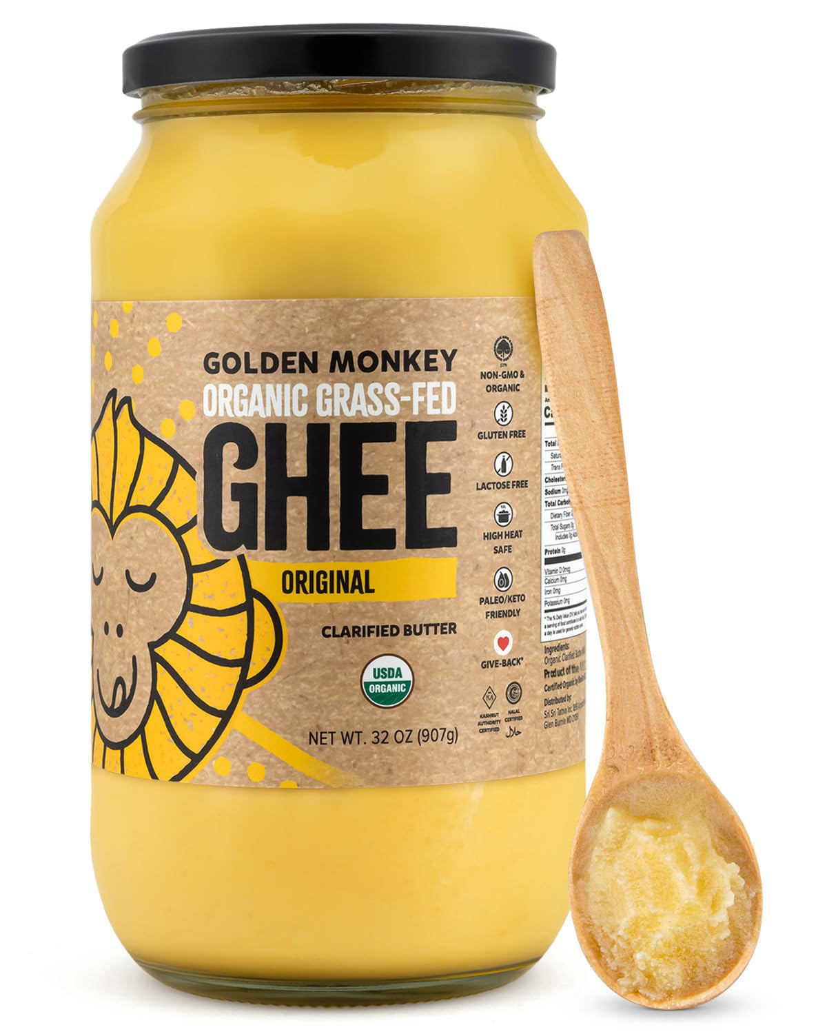 GOLDEN MONKEY Organic Ghee Butter - Grass Fed Clarified Butter for Cooking, Baking, Keto & Gut Health - Ghee Butter Organic Gras