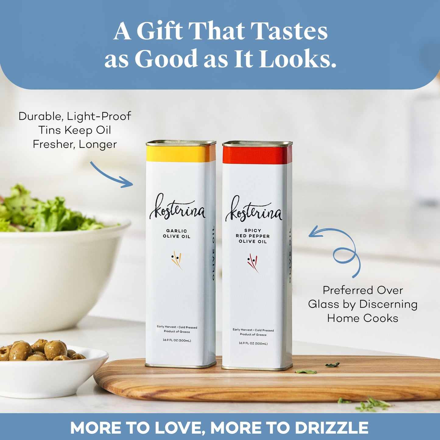 Kosterina Olive Oil Trio - Spicy Red Pepper, Garlic & Original EVOO, 3x16.9 oz, Cold-Pressed from Koroneiki Olives, Product of Greece