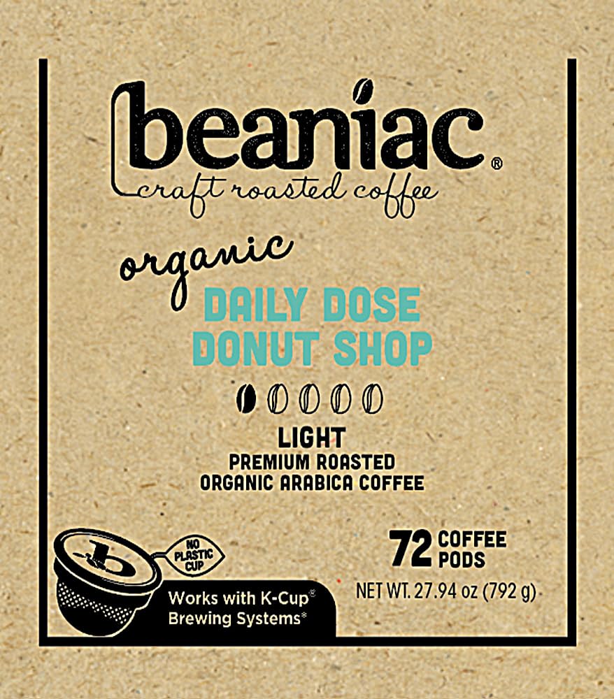 beaniac Organic Light Roast Coffee Pods, Single Serve Compostable K-Cups, 72 Count