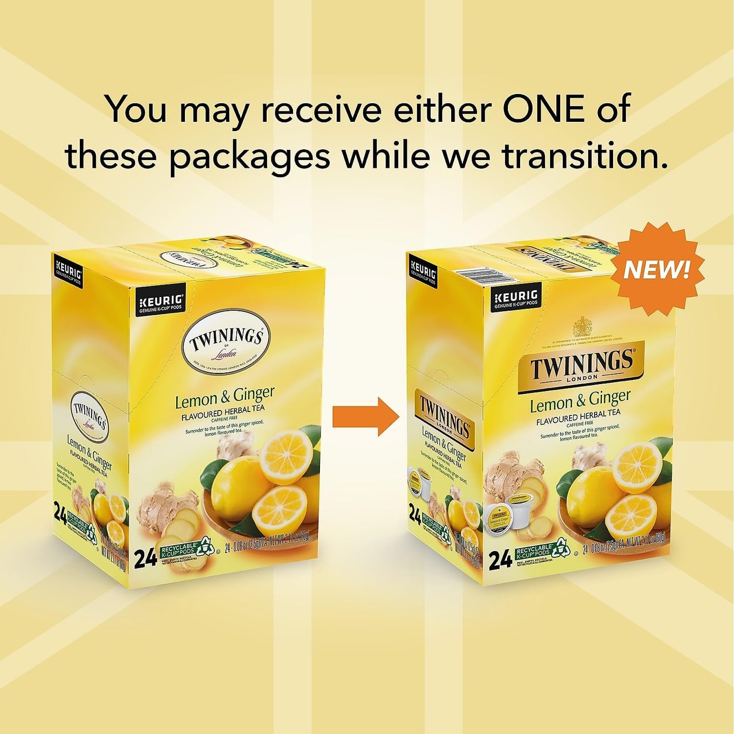 Twinings Lemon & Ginger Herbal Tea K-Cup Pods For Keurig, 24 Count (Pack Of 1), Naturally Caffeine-Free, Enjoy Hot Or Iced | Packaging May Vary