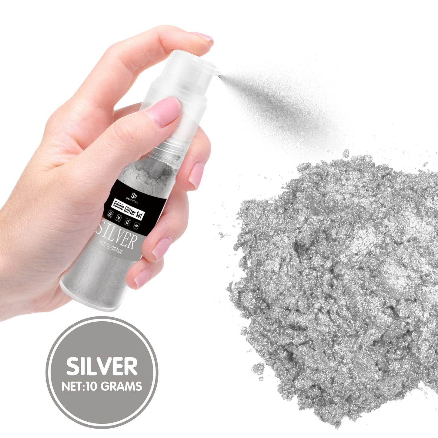 DecorRom Luster Dust Edible Set - 5 Food Grade Shimmer Powders in Spray Bottle - Silver Color