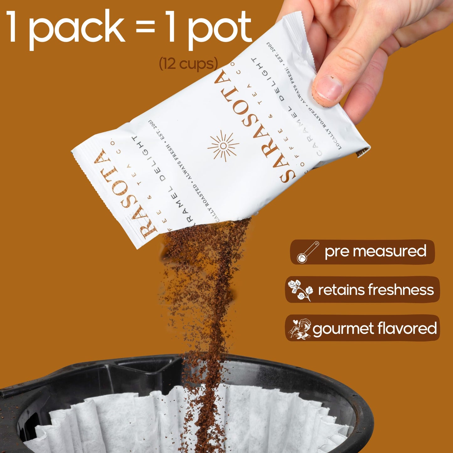 SARASOTA COFFEE & TEA CO. Gourmet Medium Roast Coffee Packets, Salted Caramel Flavor, 2.5 Ounce Bags, 36 Count