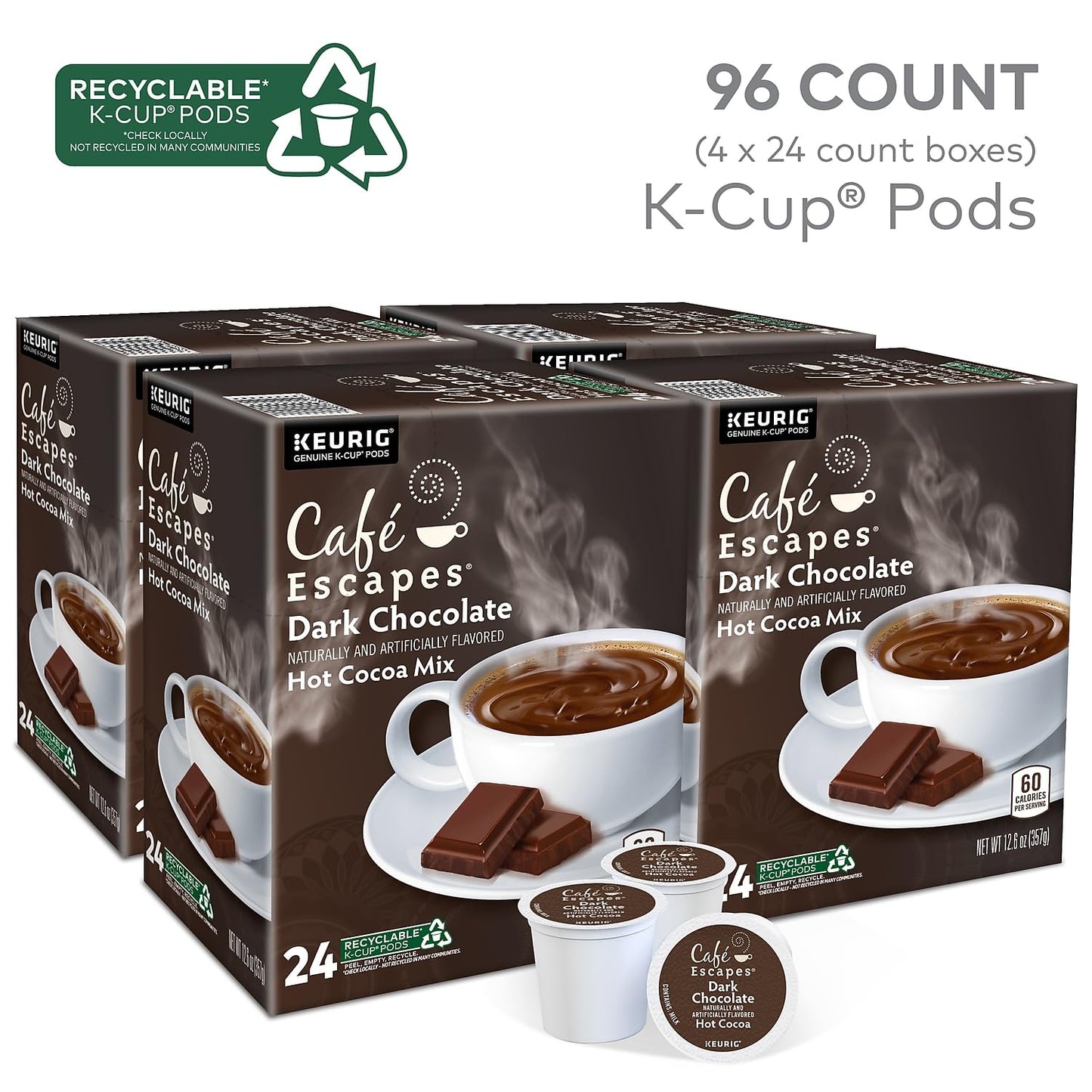 Cafe Escapes 6802Ct Dark Chocolate Hot Cocoa K-Cups, 24/Box, 4 Box/Carton