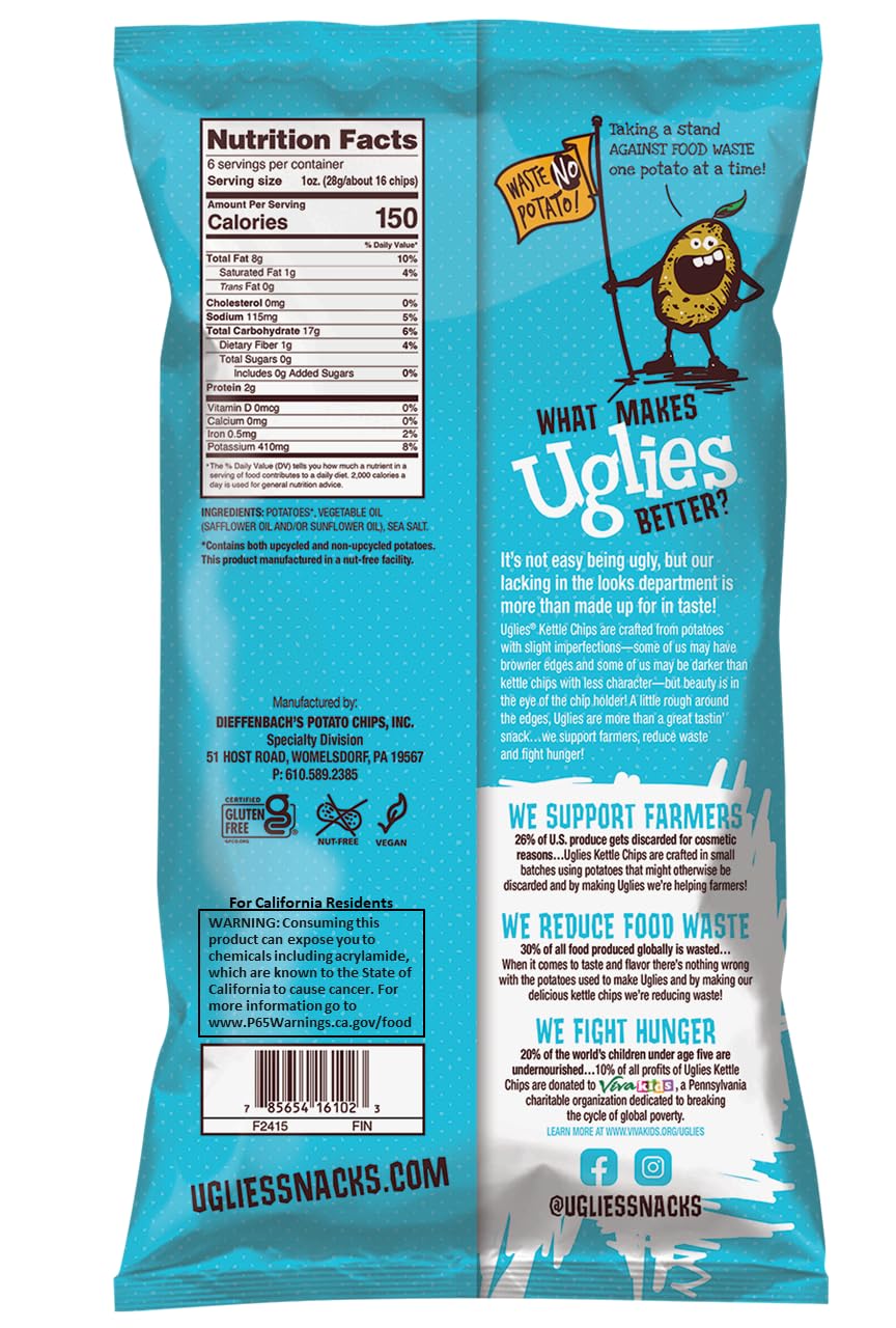 Uglies Kettle Cooked Potato Chips, Gluten Free, Kosher, Non-GMO, 6 oz Bags, Pack of 4