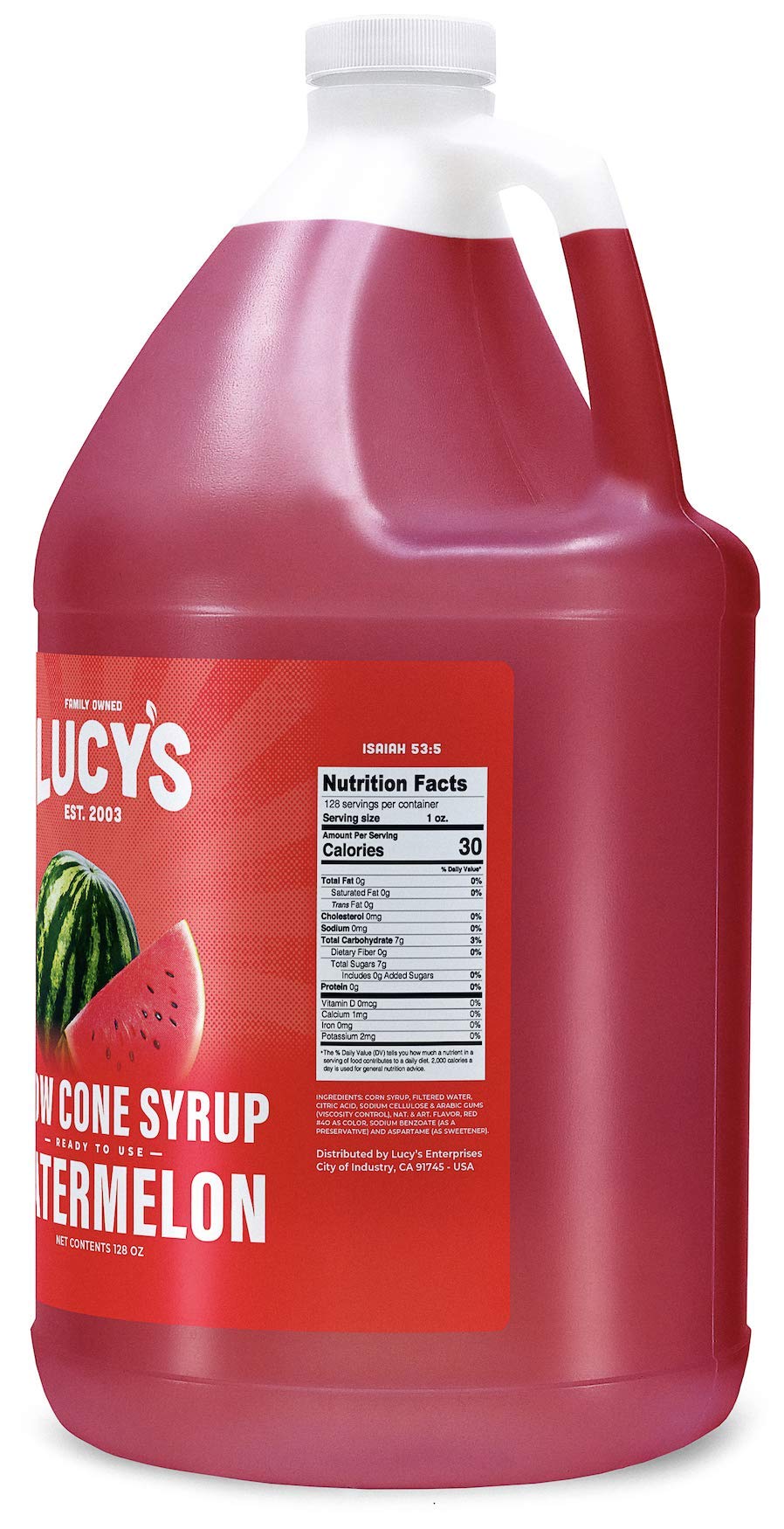 Lucys Family Owned - Shaved Ice Snow Cone Syrup, Watermelon - 1 Gallon (128oz.)