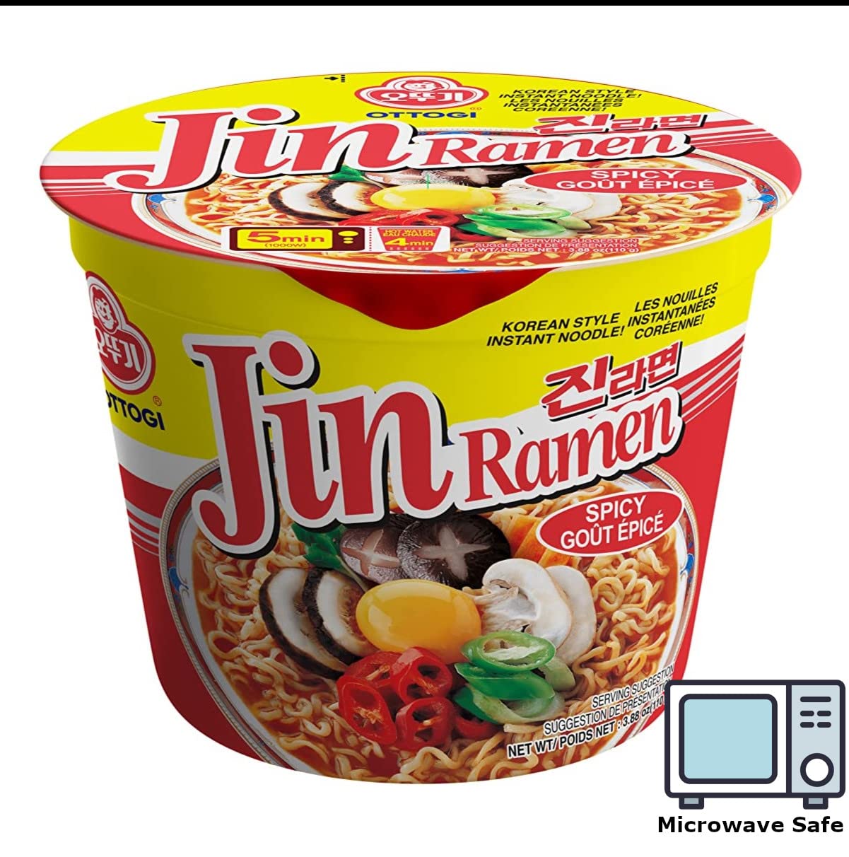 Ottogi Jin Ramen Spicy, Korean Style Instant Noodle, Rich Spicy Flavor, Instant Cup Bowl Ramen, Best Tasting Ramyun, Traditional Gourmet Taste [6 Bowl] (110Gx6)-1 Box