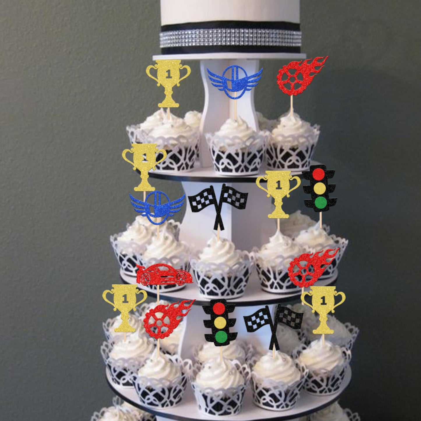 24 Pcs Race Car Cupcake Toppers Glitter Traffic Light Wheel Trophy Flag Helmet Racing Car Cupcake Picks For Let'S Go Racing Spor