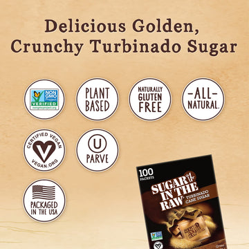 Sugar In The Raw Turbinado Cane Sugar Packets, 100 Ct Box, 8 Pack, Pure, All-Natural Turbinado Sugar, Non-Gmo Project Verified,
