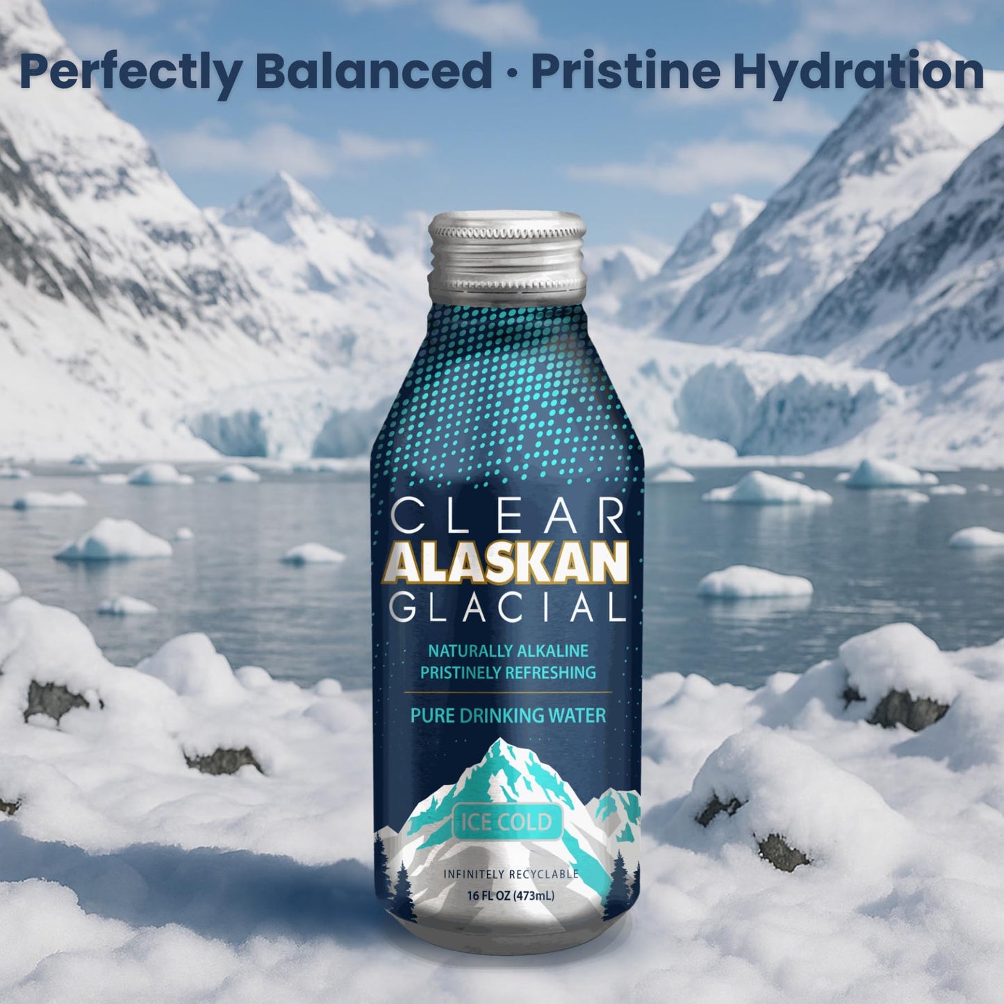 Clear Alaskan Fresh Glacier Water  Naturally Alkaline - Bottled in Aluminum with No Plastic | 16 Fl Oz (473 ml) - Pack of 12 | Natural glacial mineral water  bottled at the source in aluminum bottles