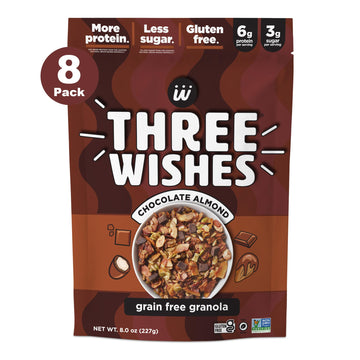 Three Wishes Granola, Chocolate Almond (8-Pack) - Gluten Free Granola, 6g Protein & 3g Sugar Healthy Breakfast & On-the-Go Snack