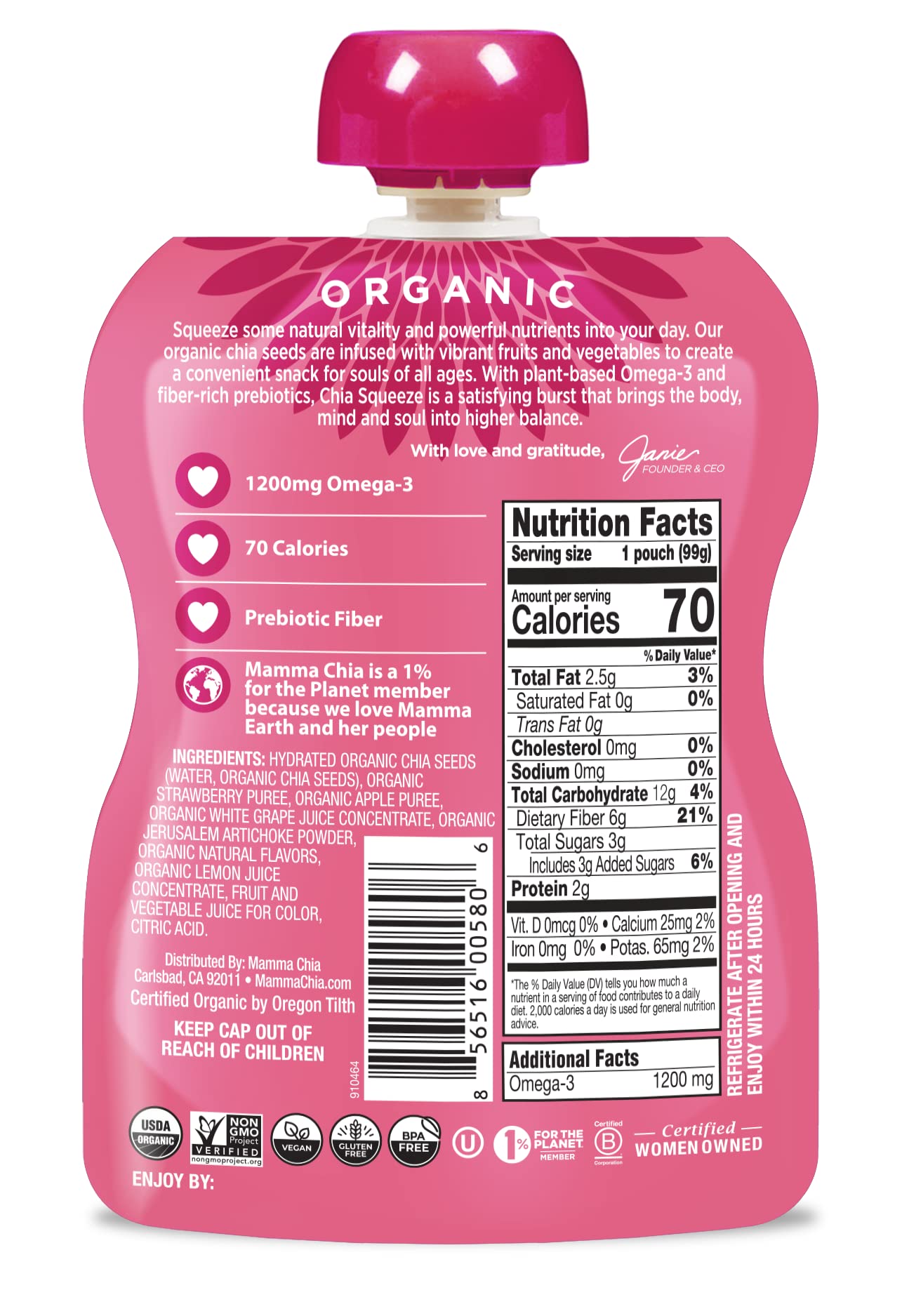 Mamma Chia Strawberry Lemonade Organic Prebiotic Squeeze Snack, Non Gmo, No Added Sugar, 14 Ounces (Pack Of 6)