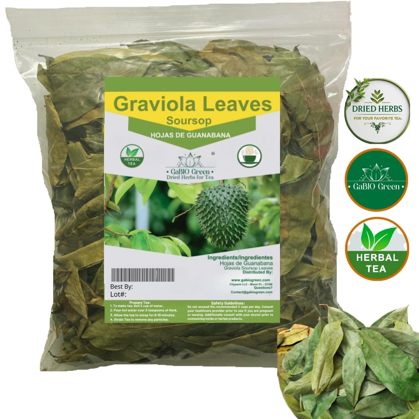 Gabio Green- Whole Soursop leaves(1 Pound / 16.2oz) 1.350 leaves aprox, Big Bag, Hojas de guanabana, tea Soursop, Dried Herbs,.