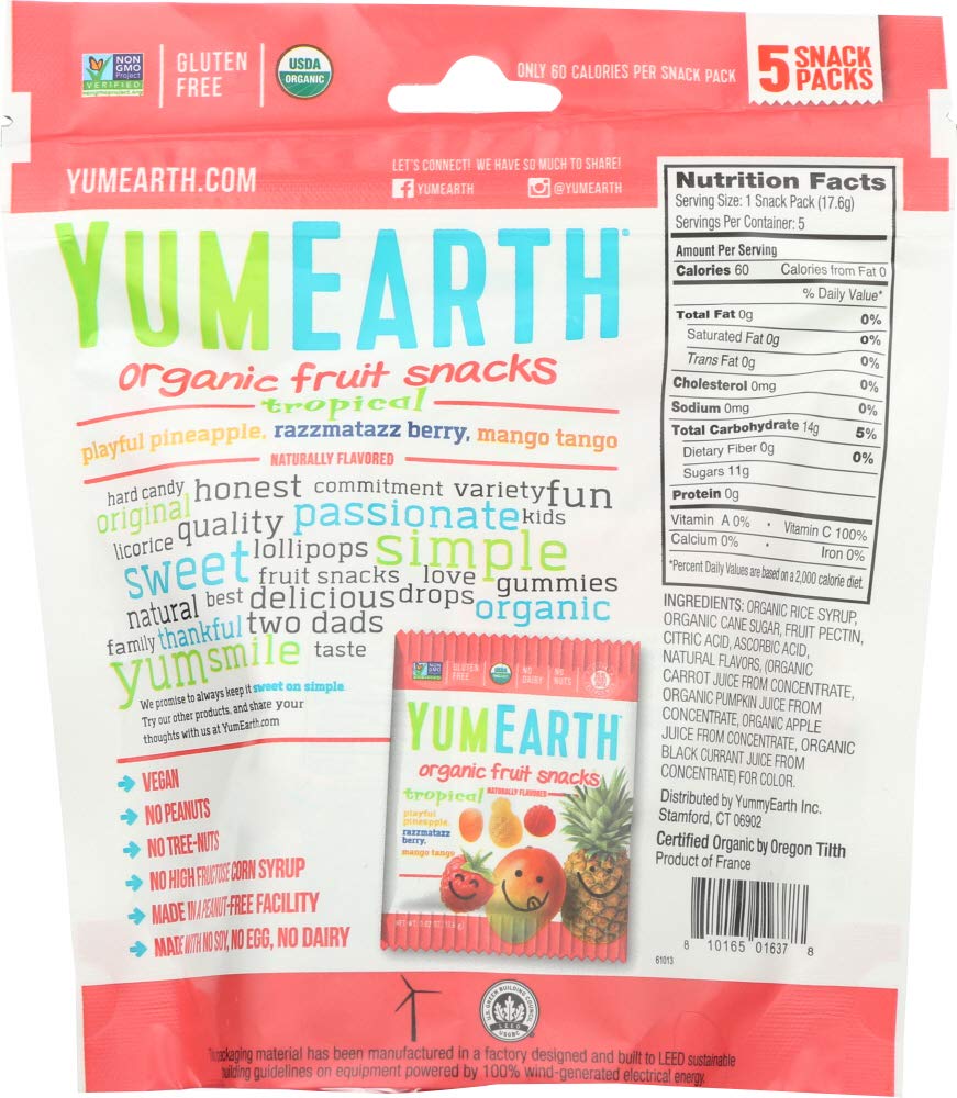 Yumearth Gluten Free Fruit Snacks, Tropical, 5 Snack Packs, 0.7 Oz (19.8 G) Each