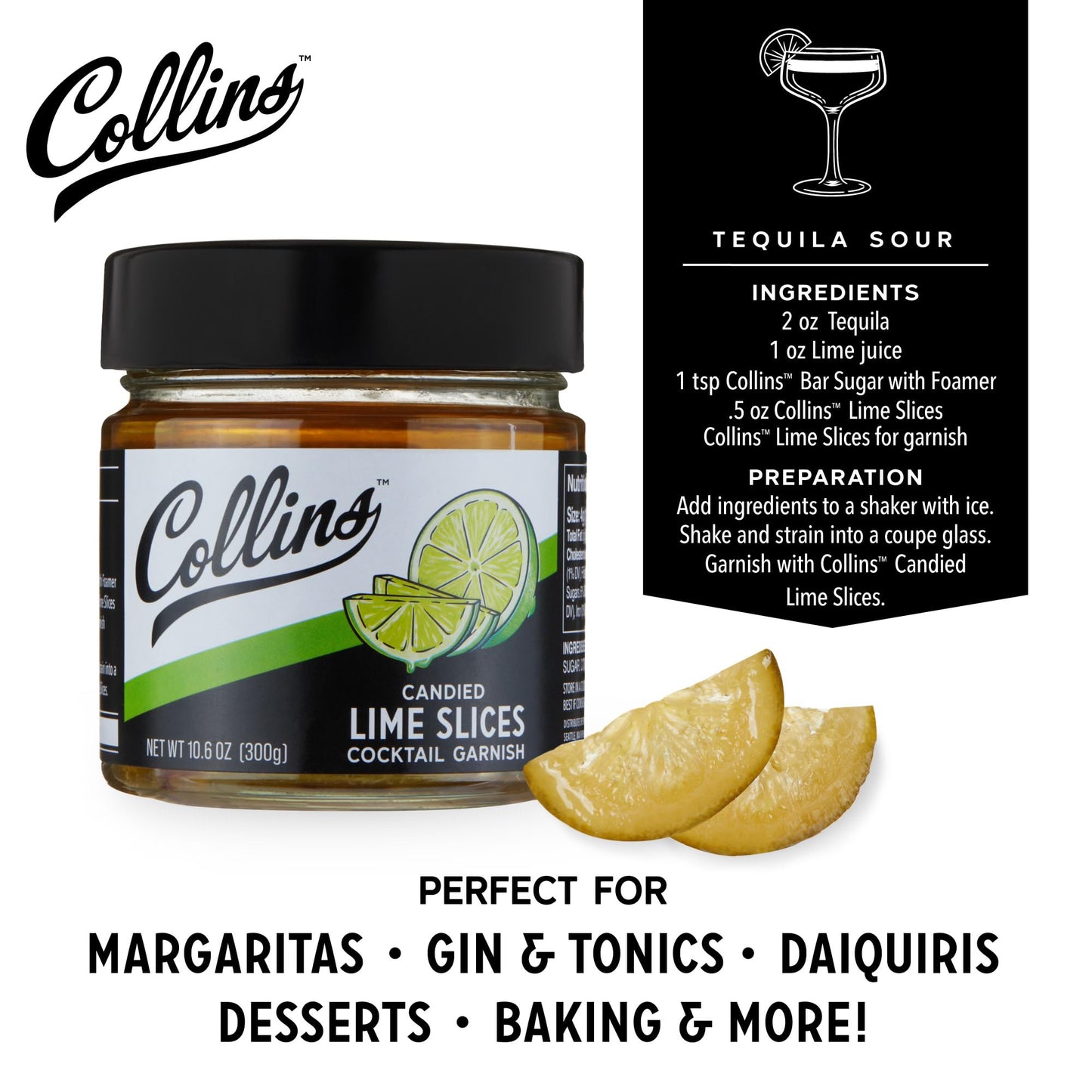 Collins Candied Lime Slices in Syrup, 10.6oz, Green, Set of 1, Bartender Accessories
