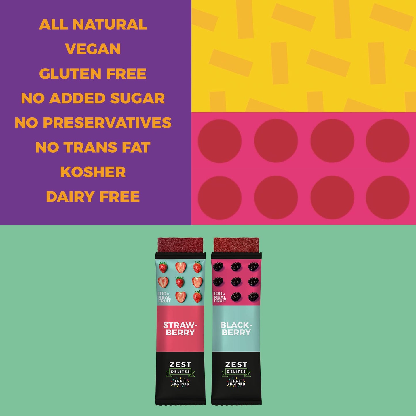 ZEST Dhigh-standards Fruit Leather Snacks, Sugar Free, 10 Pack, 0.88 oz Each, 100% Natural, Black & Strawberries