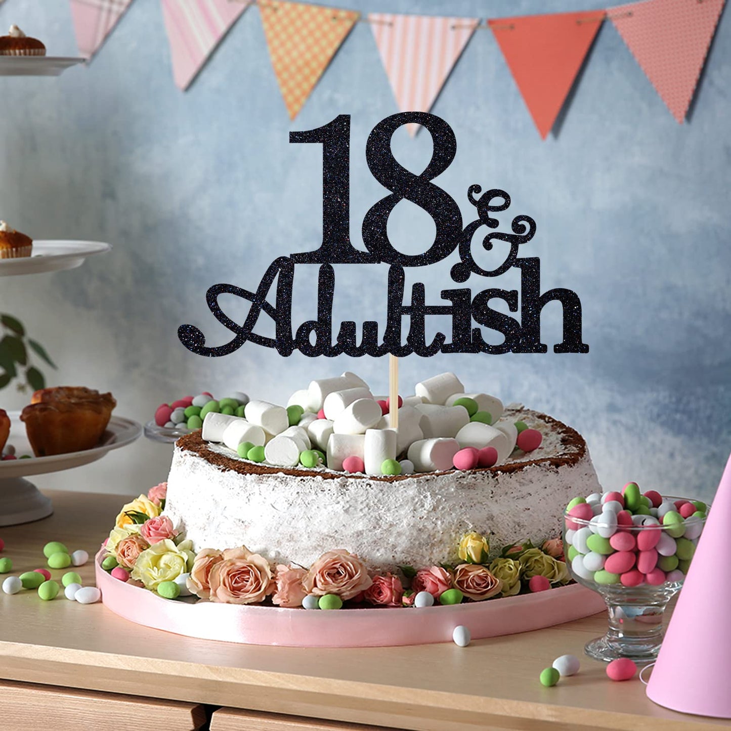 PYBHILK Black Glitter Cake Topper for 18th Birthday Party, mature-themedish Design, Paper Material, Model PY--0046