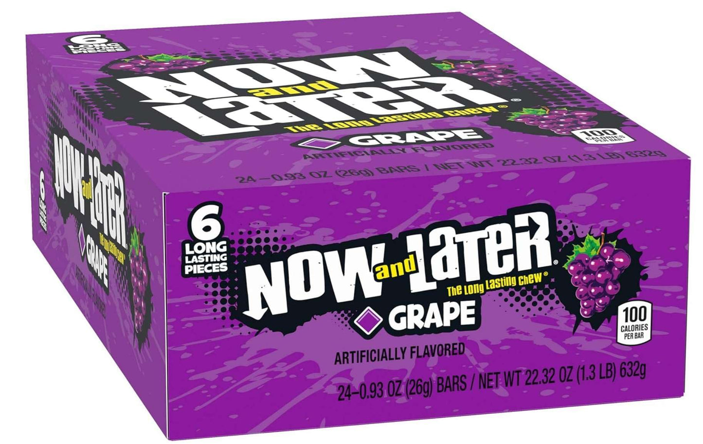 Now & Later Original Taffy Chews Candy, Grape, 6 Count, 0.93 Ounce Bar, Pack Of 24