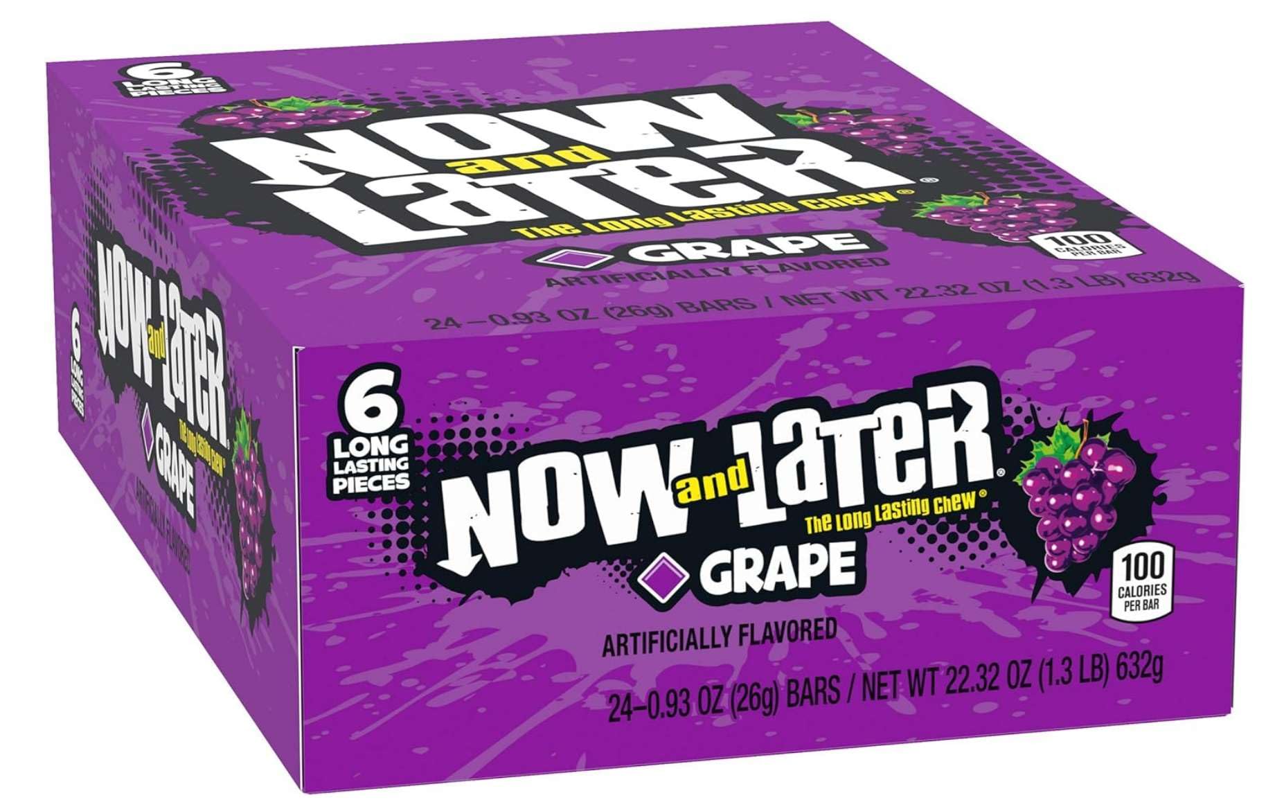 Now & Later Original Taffy Chews Candy, Grape, 6 Count, 0.93 Ounce Bar, Pack Of 24