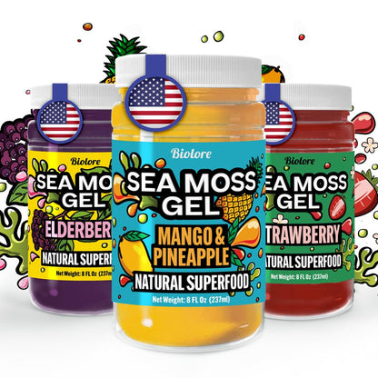 Biolore Sea Moss Gel - Wildcrafted Irish Sea Moss, Made in USA - Superfood with Essential Vitamins, Trace Minerals - Mango Pinea