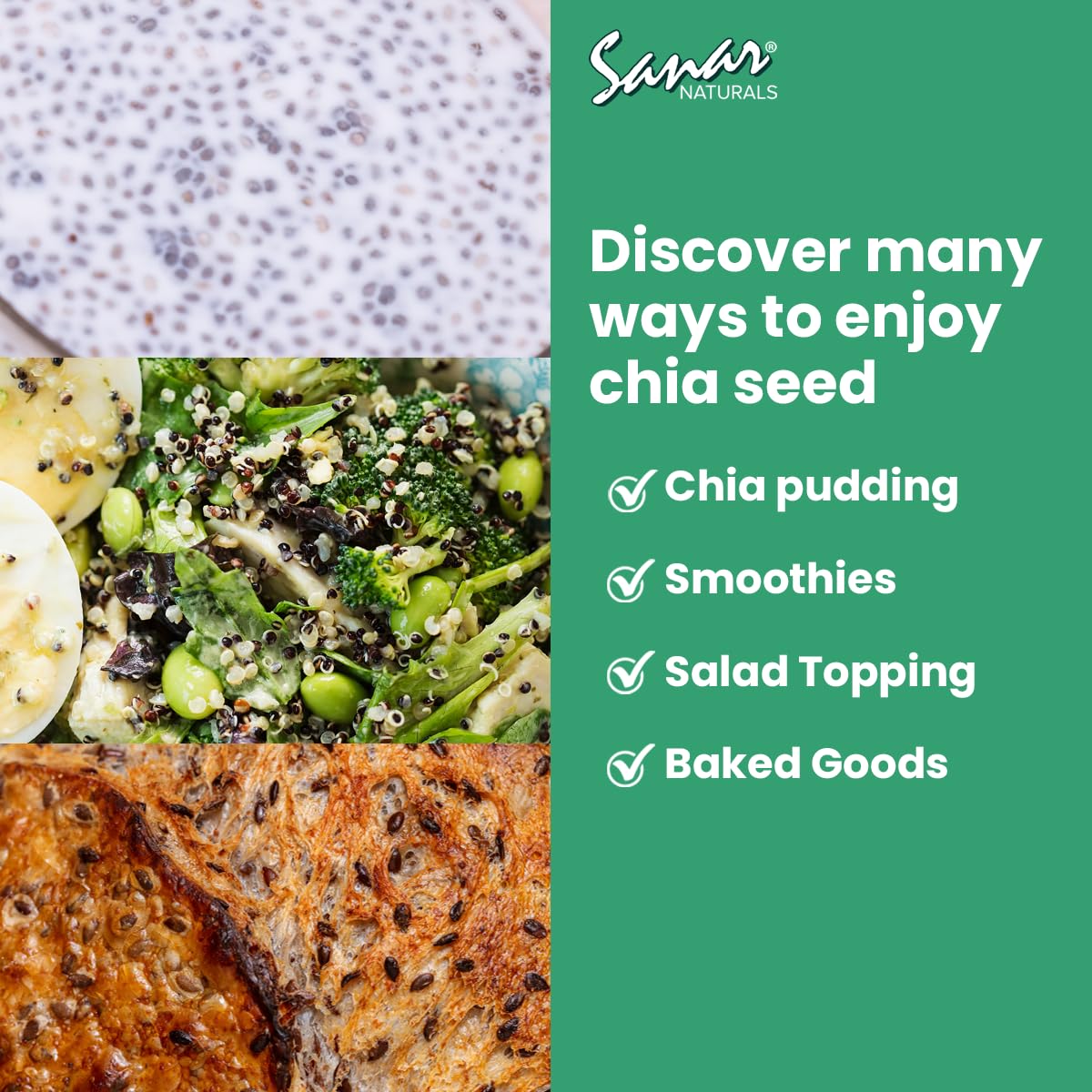 Sanar Naturals Chia Seeds - Omega-3, High Fiber and Protein Source - for Smoothies, Salads and More - Keto and Paleo Friendly -