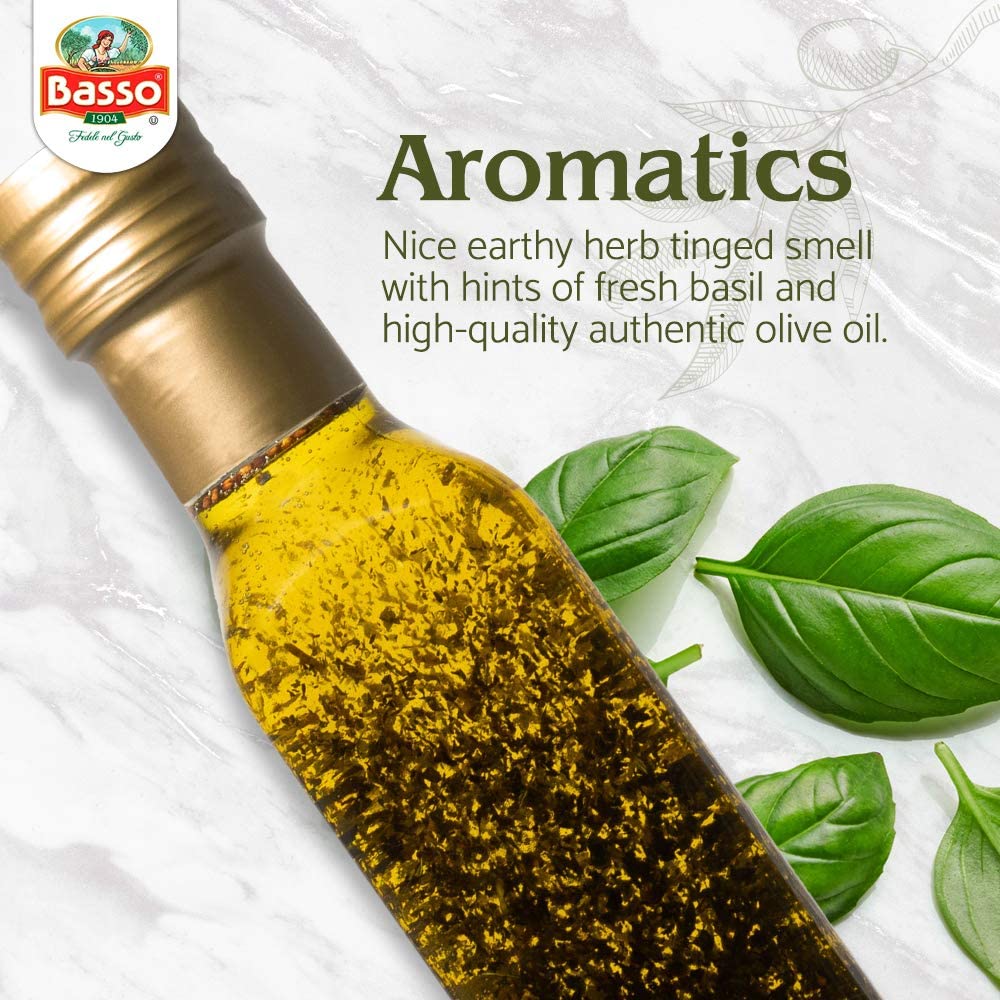 BASSO 1904 Basil Infused Extra Virgin Olive Oil, 8.5 Fl Oz (250 ml), Ideal for Cooking, Dipping, and Dressing