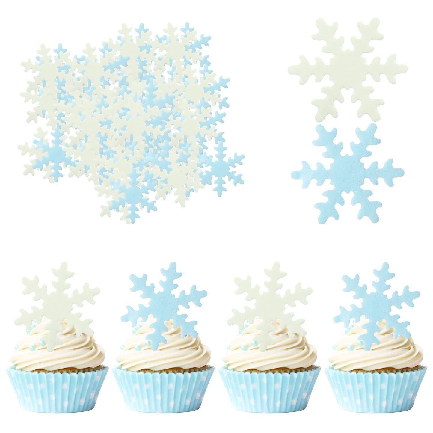 Gyufise Edible Cupcake Toppers 50Pcs Snowflakes Winter Party Supplies, Small, Blue White, Paper/Wafer
