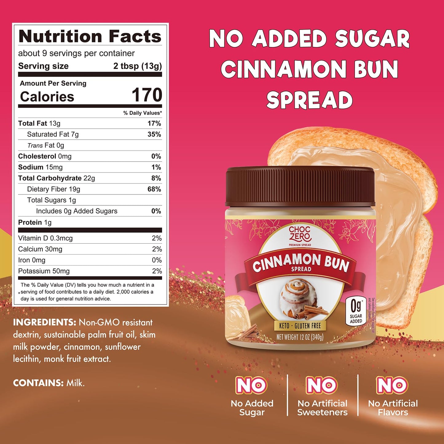Choczero Cinnamon Bun Spread, No Added Sugar, Perfect For Breakfast And Desserts, All Natural And Creamy (1 Jar, 12 Oz)